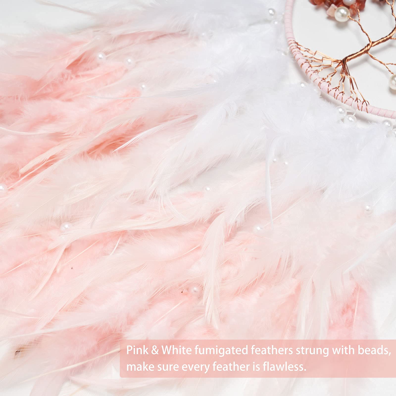 Handmade Pink Tree of Life Dream Catcher with Healing Crystals & Feathers - 25.6 Inch Wall Hanging Decor for Bedroom, Living Room, Wedding & Party | Boho Home Decor, Spiritual Gift, Meditation Space Accent