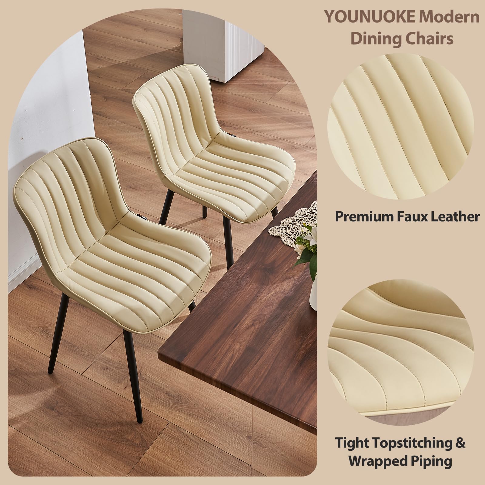 YOUNUOKE Beige Dining Chairs Set of 2 - Mid Century Modern Upholstered Kitchen Chairs with Faux Leather & Metal Legs - Armless Side Chairs for Dining Room, Living Room & Kitchen Decor