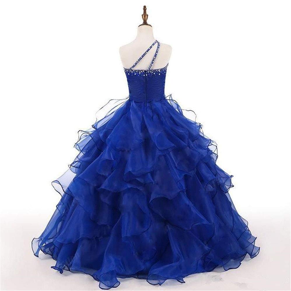 VeraQueen Girls One Shoulder Beaded Organza Pageant Dress - A-Line Sleeveless Long Ball Gown for Prom, Quinceañera, Wedding Party - Red Formal Evening Gown for Teen Girls