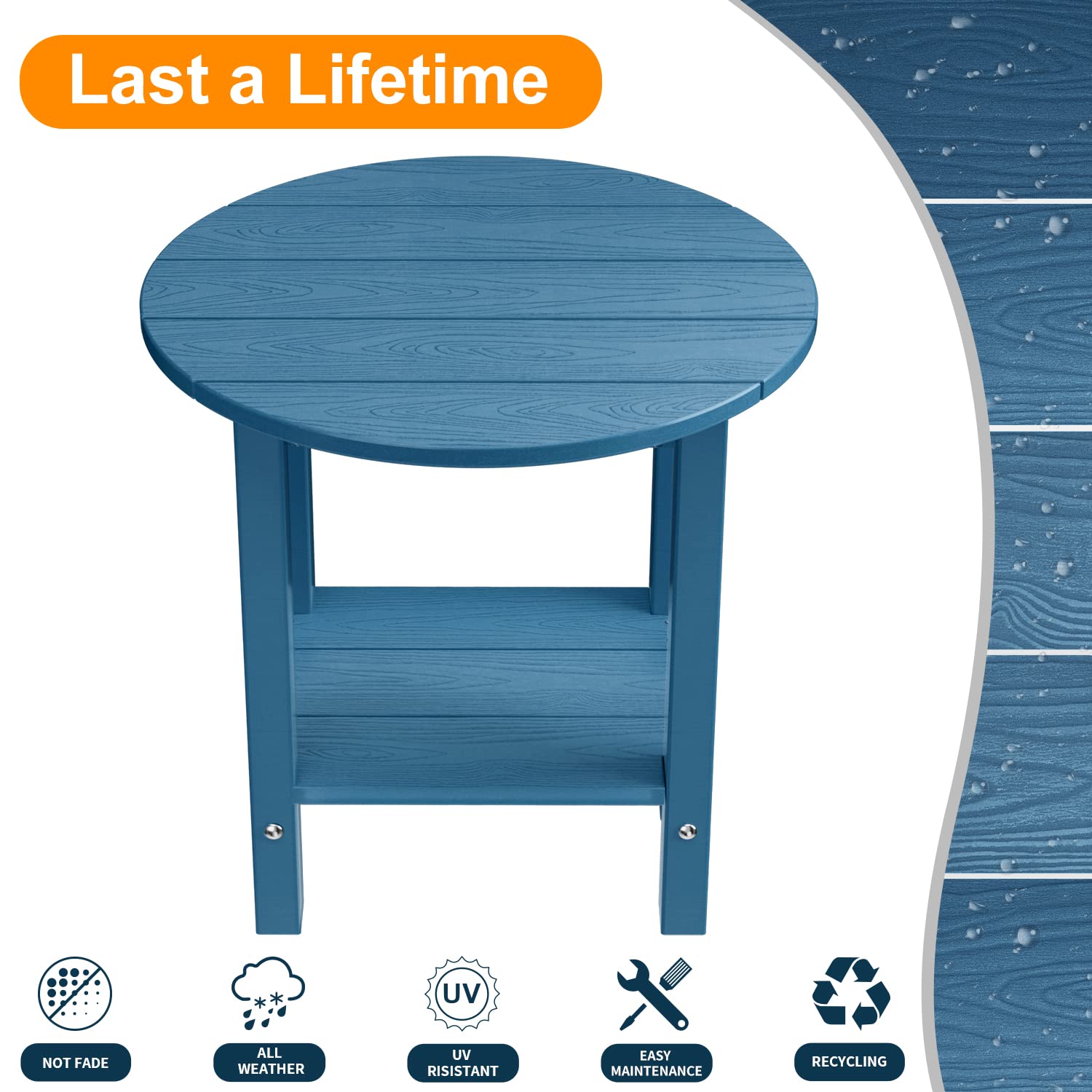 MXIMU 18-Inch Round Outdoor Side Table with Storage Shelf - 2-Tier Plastic Patio End Table for Balcony, Backyard, Lawn, Poolside & Deck - Navy Blue Adirondack Chairside Table (1 Pack)
