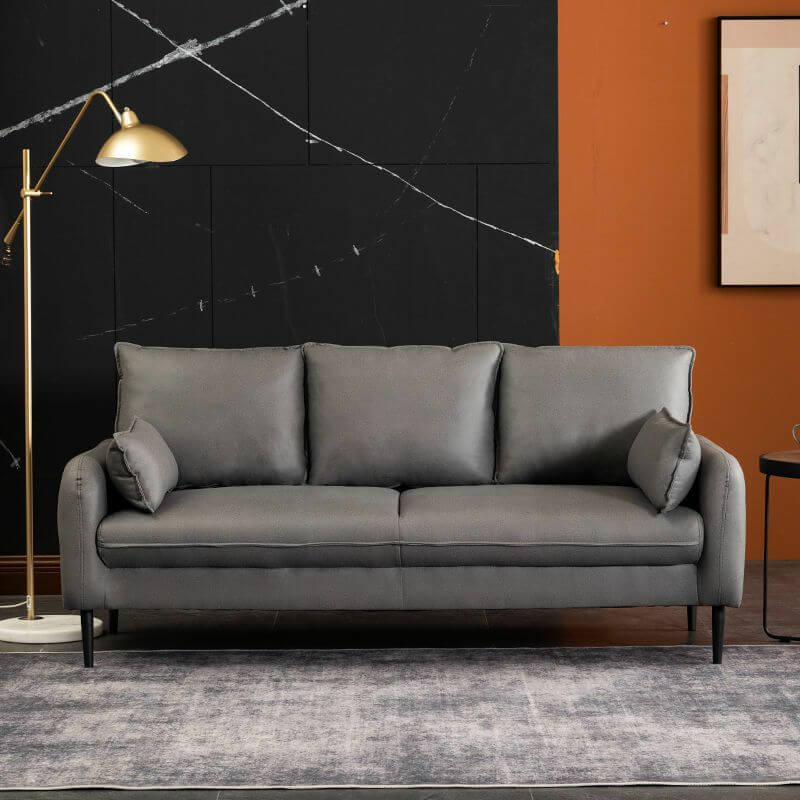 Modern Minimalist Grey, Tangerine & Off-White Solid Color 3-Seater Sofa with Pillow Back - Perfect for Living Room, Lounge & Small Spaces