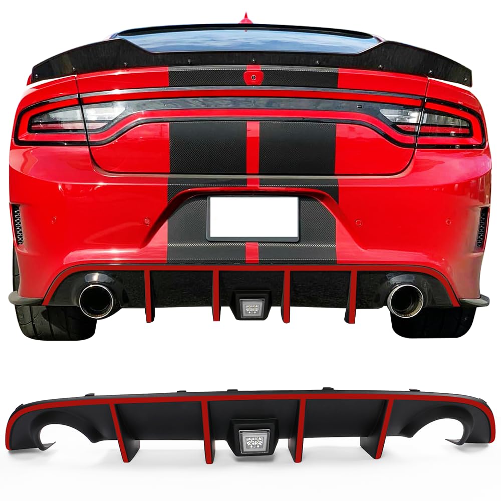 IKON MOTORSPORTS Rear Bumper Lip Diffuser with LED Brake Light & Red Reflective Tape - Compatible with 2015-2023 Dodge Charger SRT | Aggressive Style Upgrade for Street Racing & Car Shows