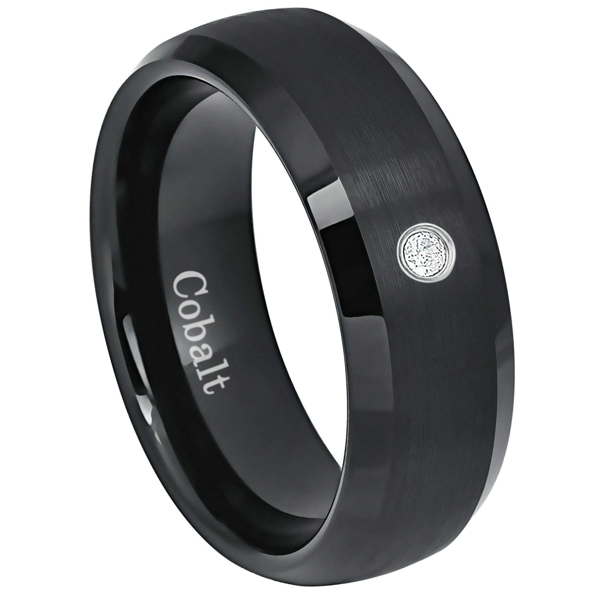 0.05ctw Diamond Black Cobalt Chrome Men's Wedding Band - 8mm Beveled Edge Comfort Fit Ring for Anniversary, Engagement & Everyday Wear