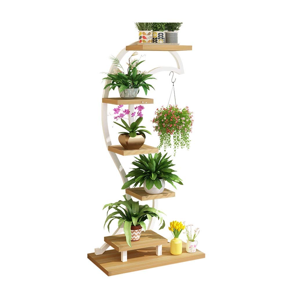 White Metal Plant Stand with 5 Wooden Pot Racks - Indoor/Outdoor Flower Display Shelf for Garden, Patio, Balcony & Home Decor | Classic Plant Holder for Potted Plants, Succulents & Herbs