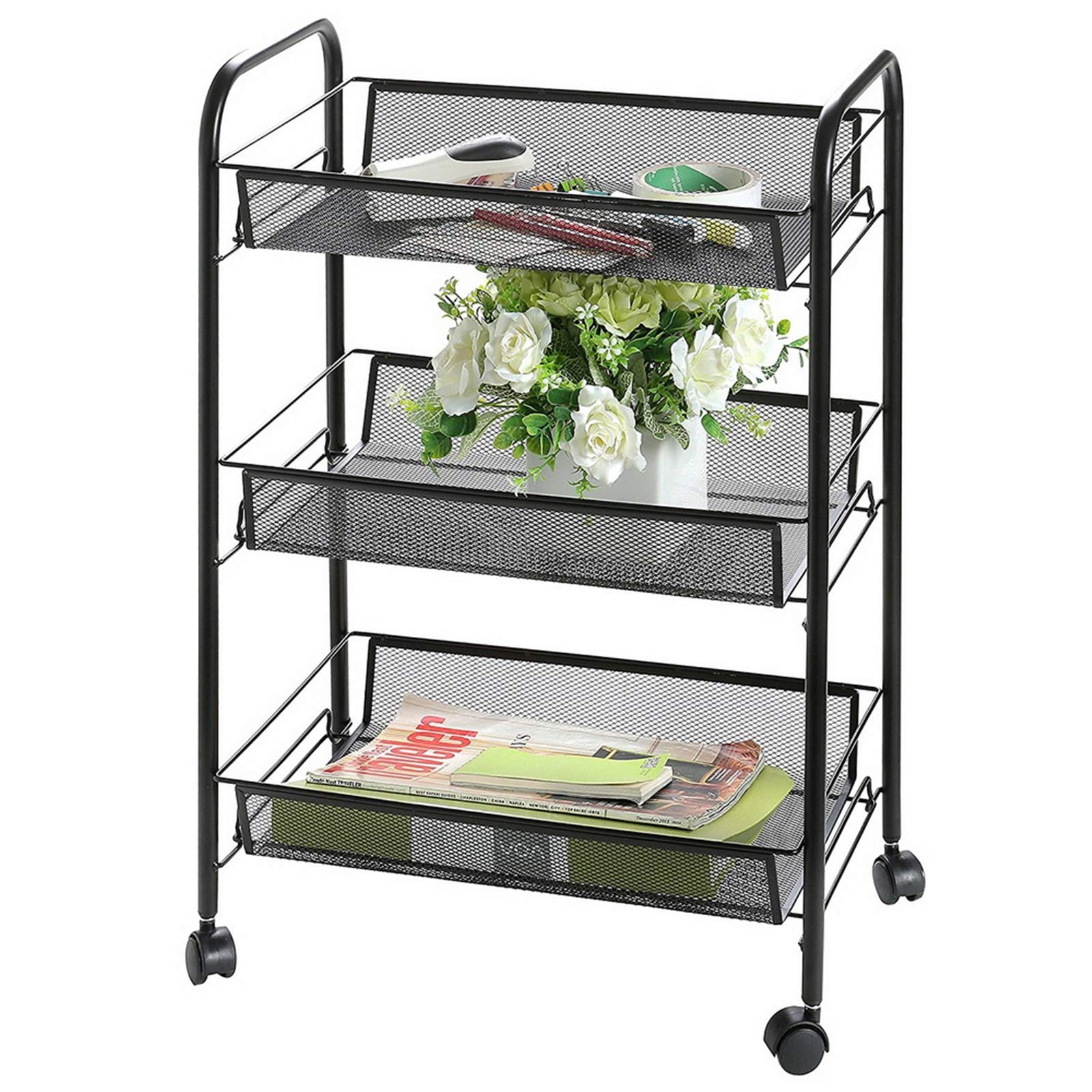 3-Tier Mesh Wire Rolling Cart with Lockable Wheels - Multi-Purpose Utility Cart for Home, Office & Kitchen Storage Organization (Black) | Perfect for Pantry, Bathroom, Garage & Dorm Room Organization