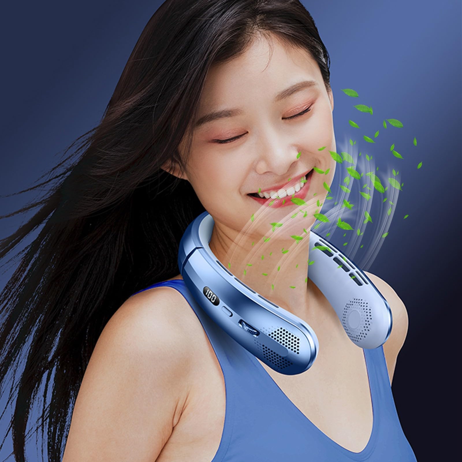 Portable Neck Fan - Hands Free Bladeless Cooling Fan with 1800mAh Rechargeable Battery, Wearable Personal Fan for Summer Outdoor Sports, Travel, Office & Home Use - Lightweight Headphone Design - Perfect Gift for Men & Women (Blue)