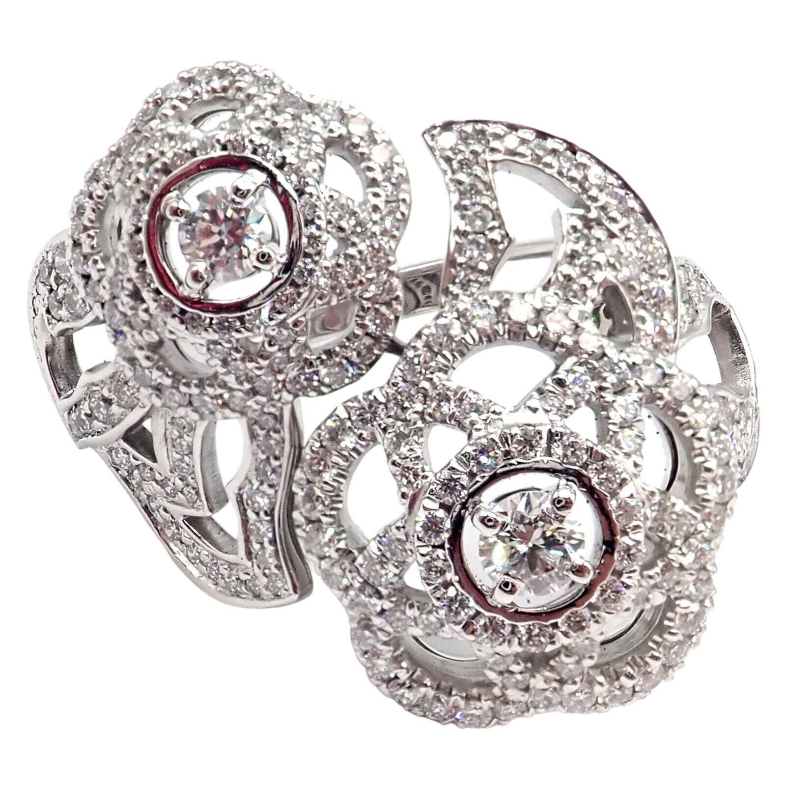 Authentic Chanel Camellia Two Flower 18k White Gold Diamond Ring for Women - Luxury Fashion Jewelry Gift for Anniversary, Valentine's Day & Special Occasions