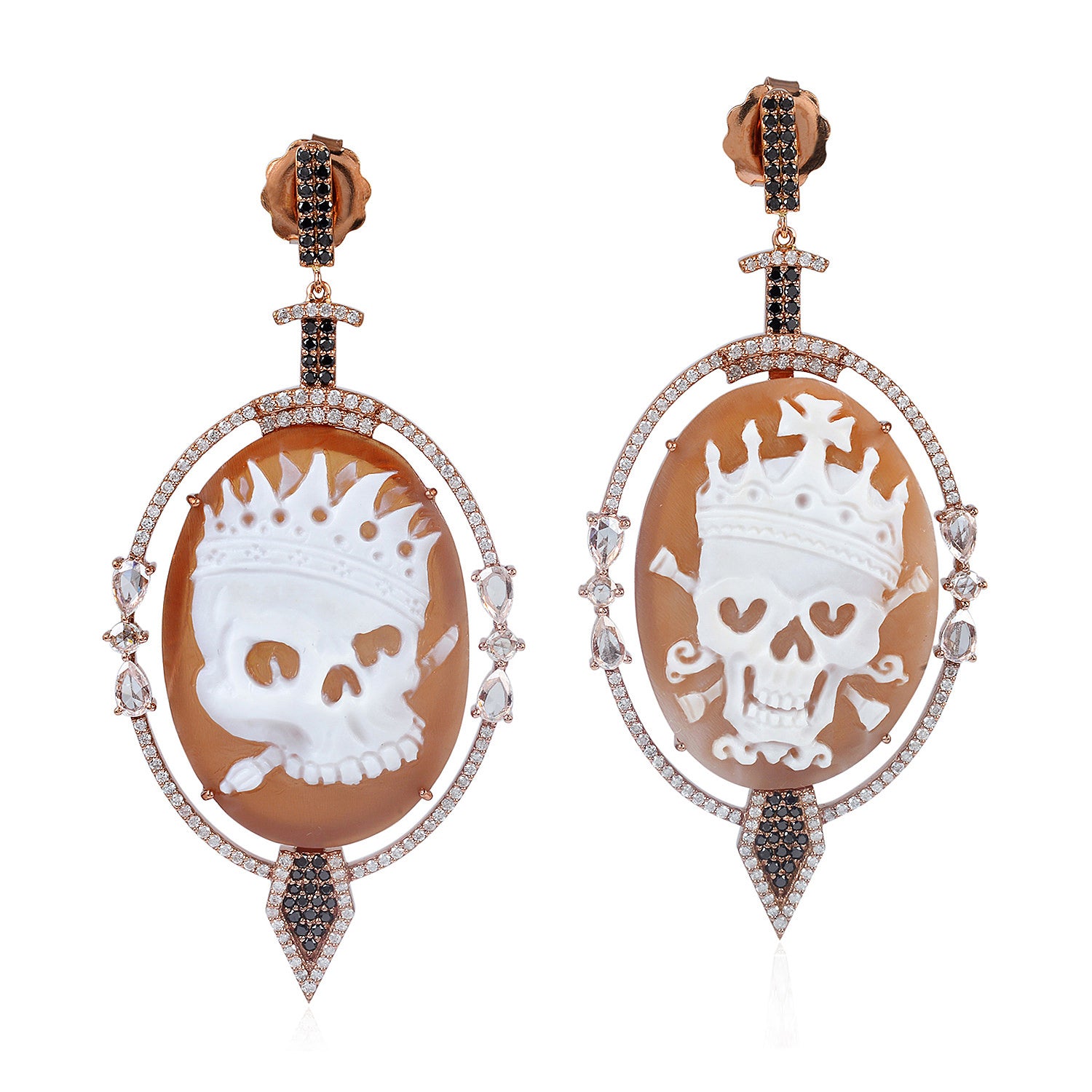 Rose Gold Carved Skull Cameo Halloween Dangle Earrings with Pavé Diamonds - Women's Gothic Jewelry for Halloween Parties & Costume Accessories
