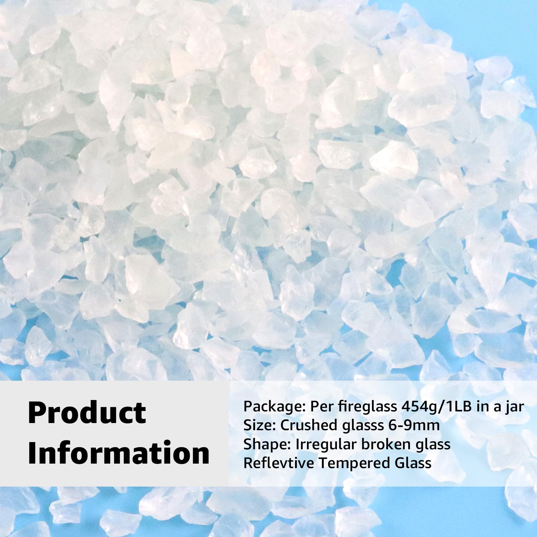 Translucent White Crushed Fire Glass 6-9mm for Fire Pits & Resin Art - 1lb Jar