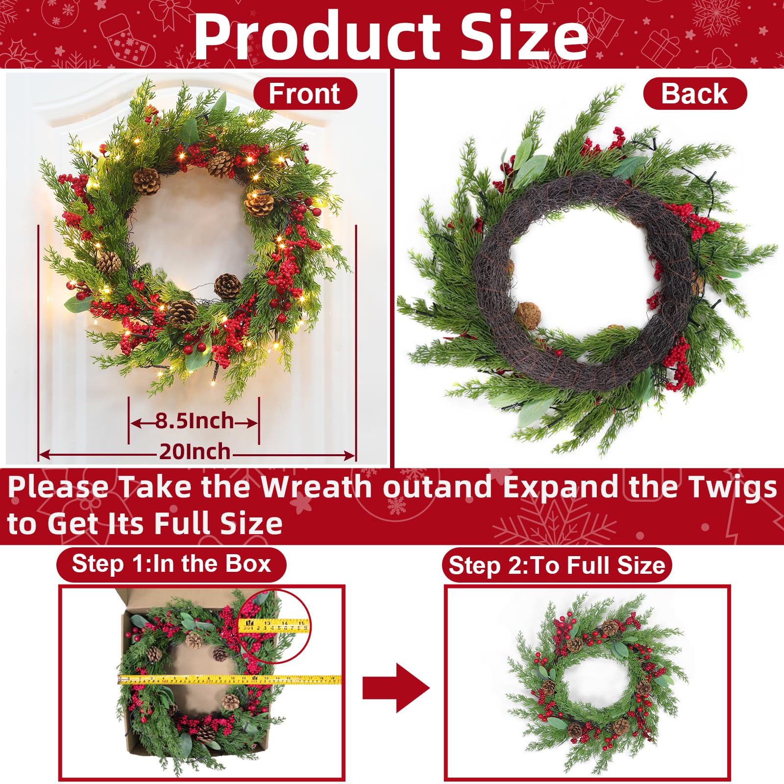 20 Inch Real Touch Christmas Wreath with LED Lights & Timer - 8 Lighting Modes, Battery Operated Artificial Green Cedar Wreath with Pinecones & Berries - Perfect for Front Door, Wall, Windows, Mantle Decorations (Holiday Home & Office Decoration)