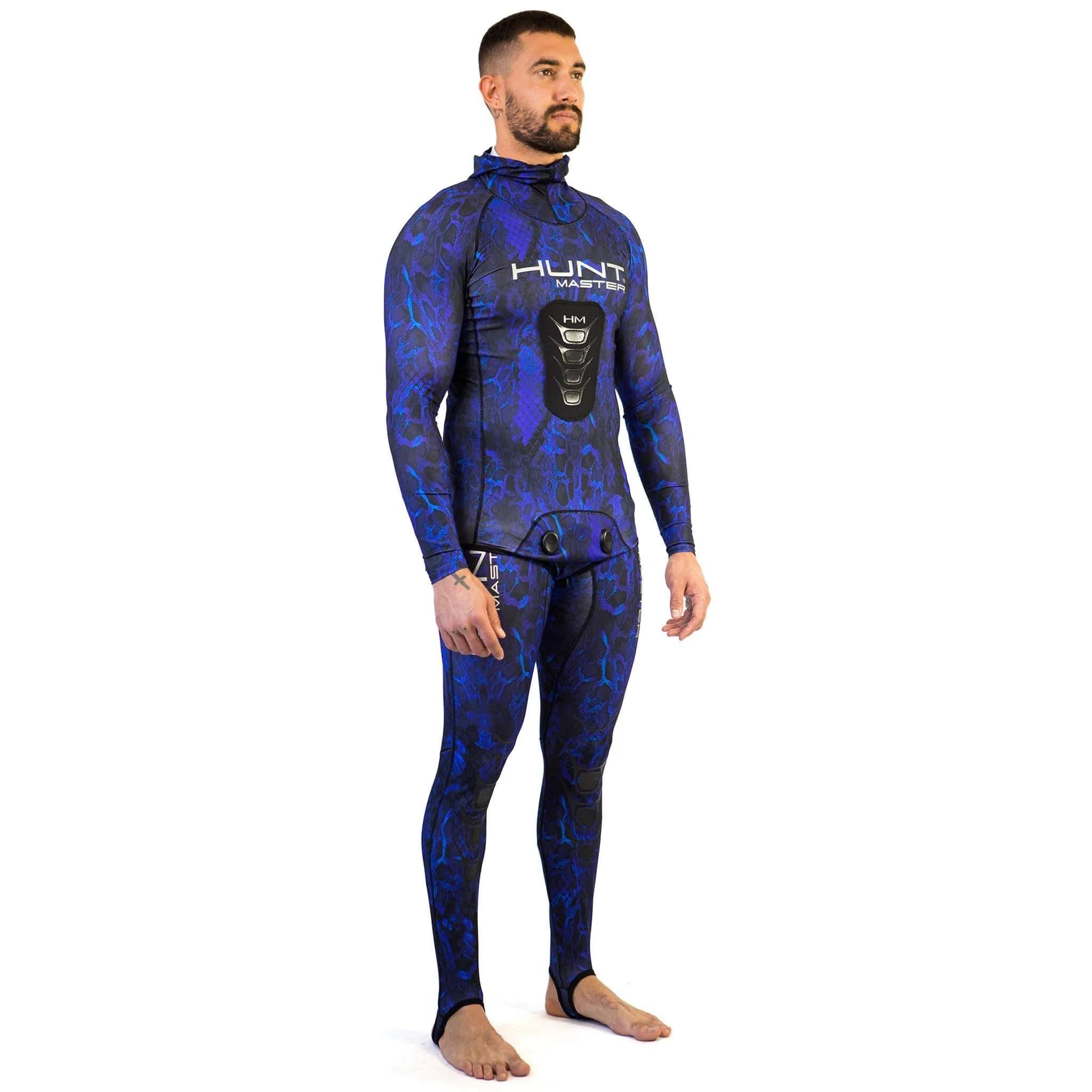 Hunt Master Camo Unisex Hooded Spearfishing Rashguard Top & Long John Pants Set with Chest Pad - UV Protection & Quick Dry for Scuba Diving, Freediving, and Water Sports