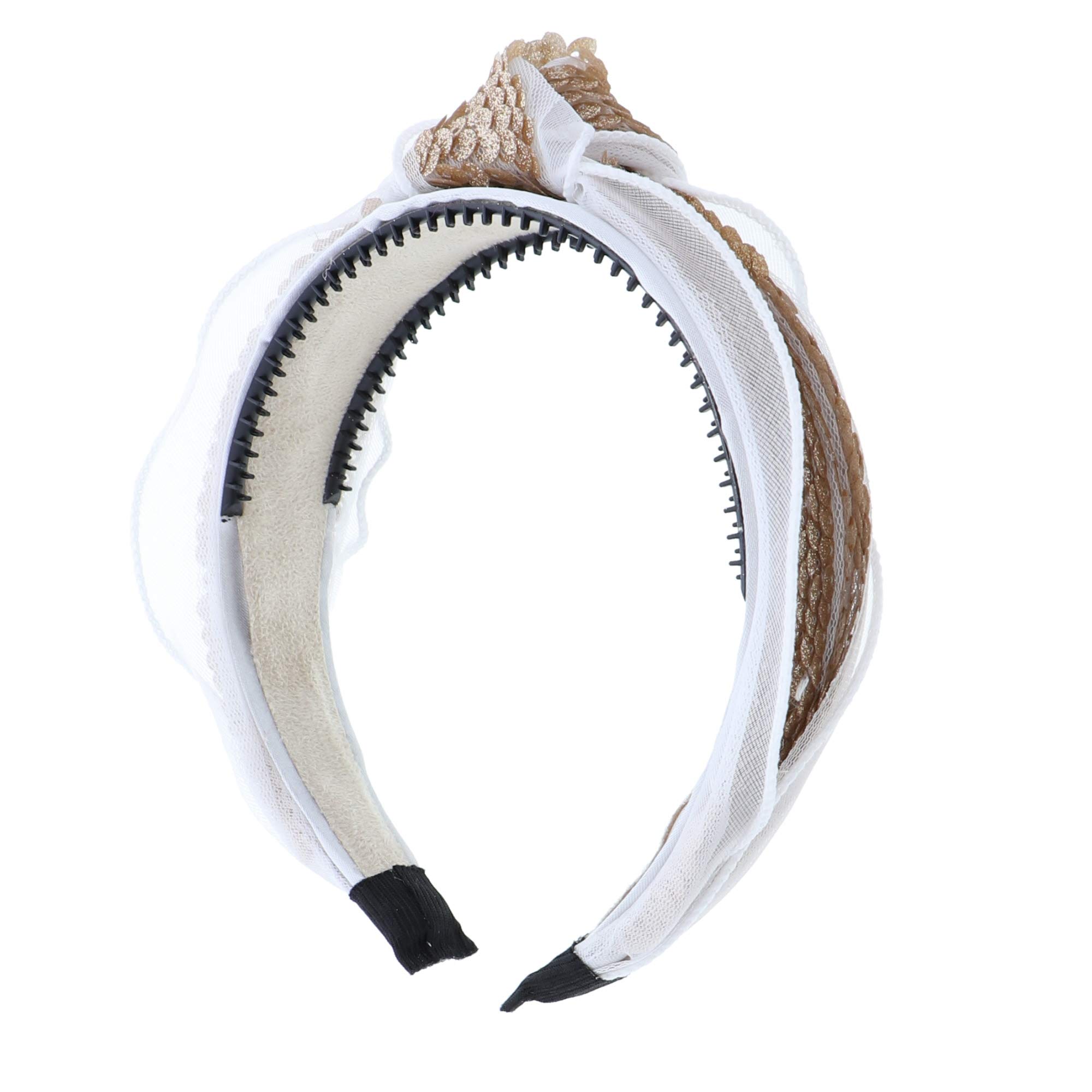 Beautiful Holiday Tulle Knot Headband With Sequins - White and Gold, Perfect for Weddings, Parties, and Special Occasions