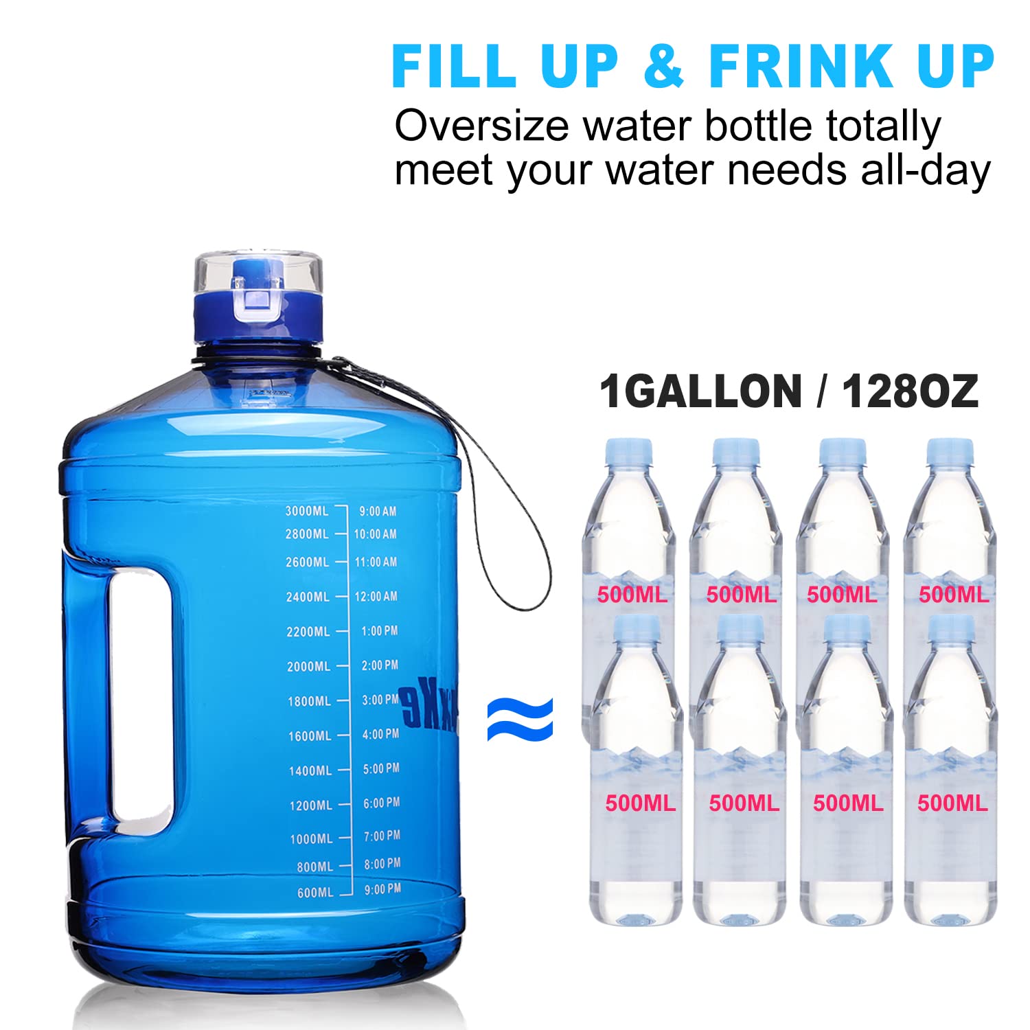 128oz Leakproof BPA Free Water Bottle with Handle & Time Marker - for Fitness, Sports & Daily Hydration