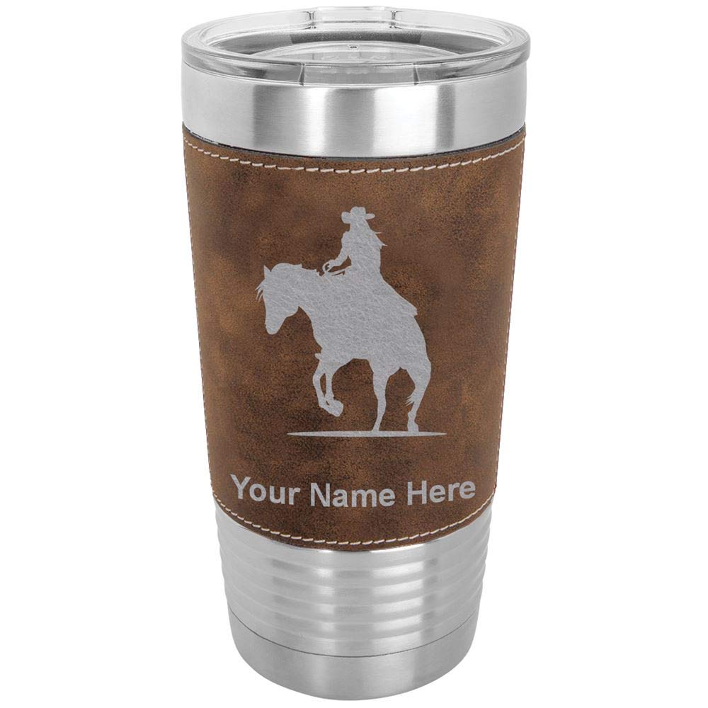 LaserGram 20oz Vacuum Insulated Stainless Steel Tumbler Mug - Cowgirl Riding Horse Design with Personalized Engraving, Faux Leather & Rustic Finish - Perfect for Coffee, Tea & Cold Drinks at Work, Gym or Outdoor Adventures