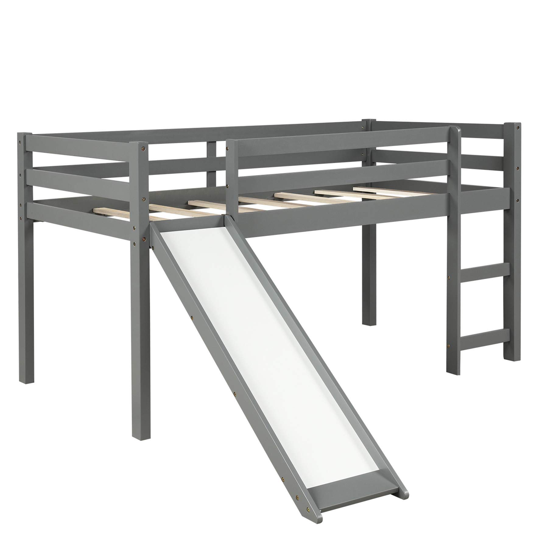 Harper & Bright Designs Twin Loft Bed with Slide - Wooden Low Profile Kids Loft Bed with Built-in Ladder & Safety Guard Rail - No Box Spring Needed - Gray - Perfect for Small Bedrooms, Playrooms & Kids' Sleepovers