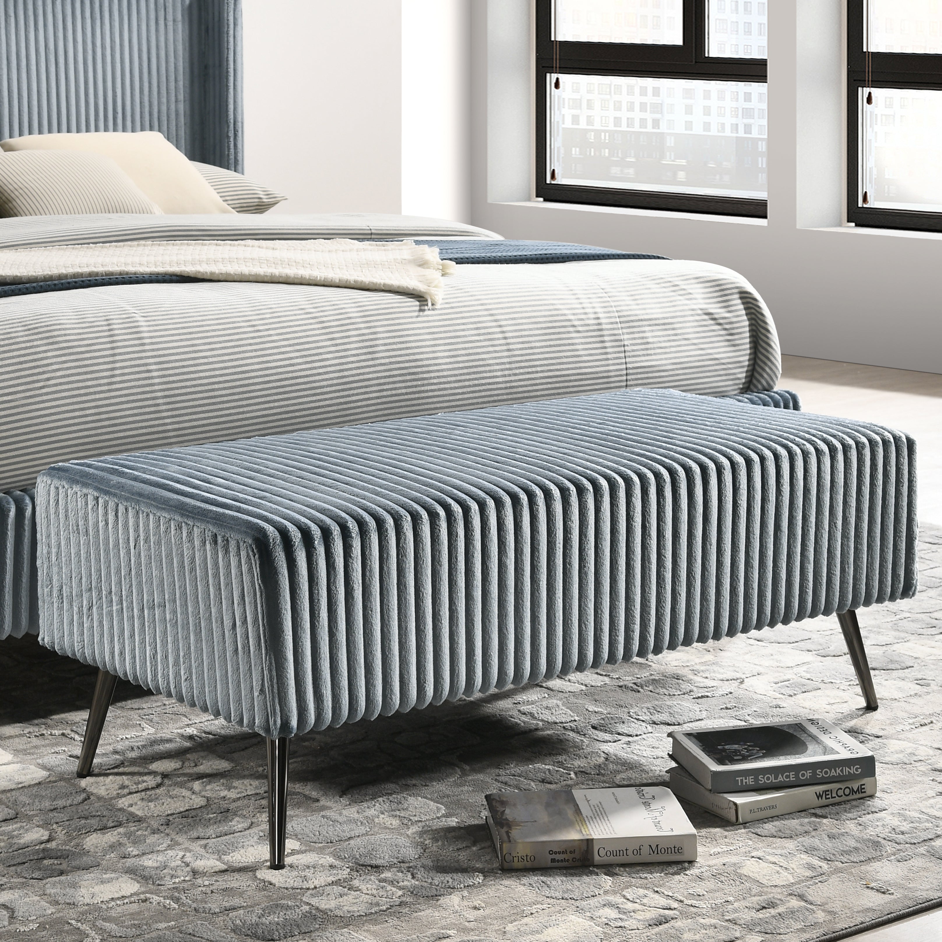 Roundhill Furniture Mavela Wide Wale Corduroy Upholstered Panel Bed Set with 2 Nightstands & Bench - Luxurious Bedroom Suite for Master Bedroom or Guest Room
