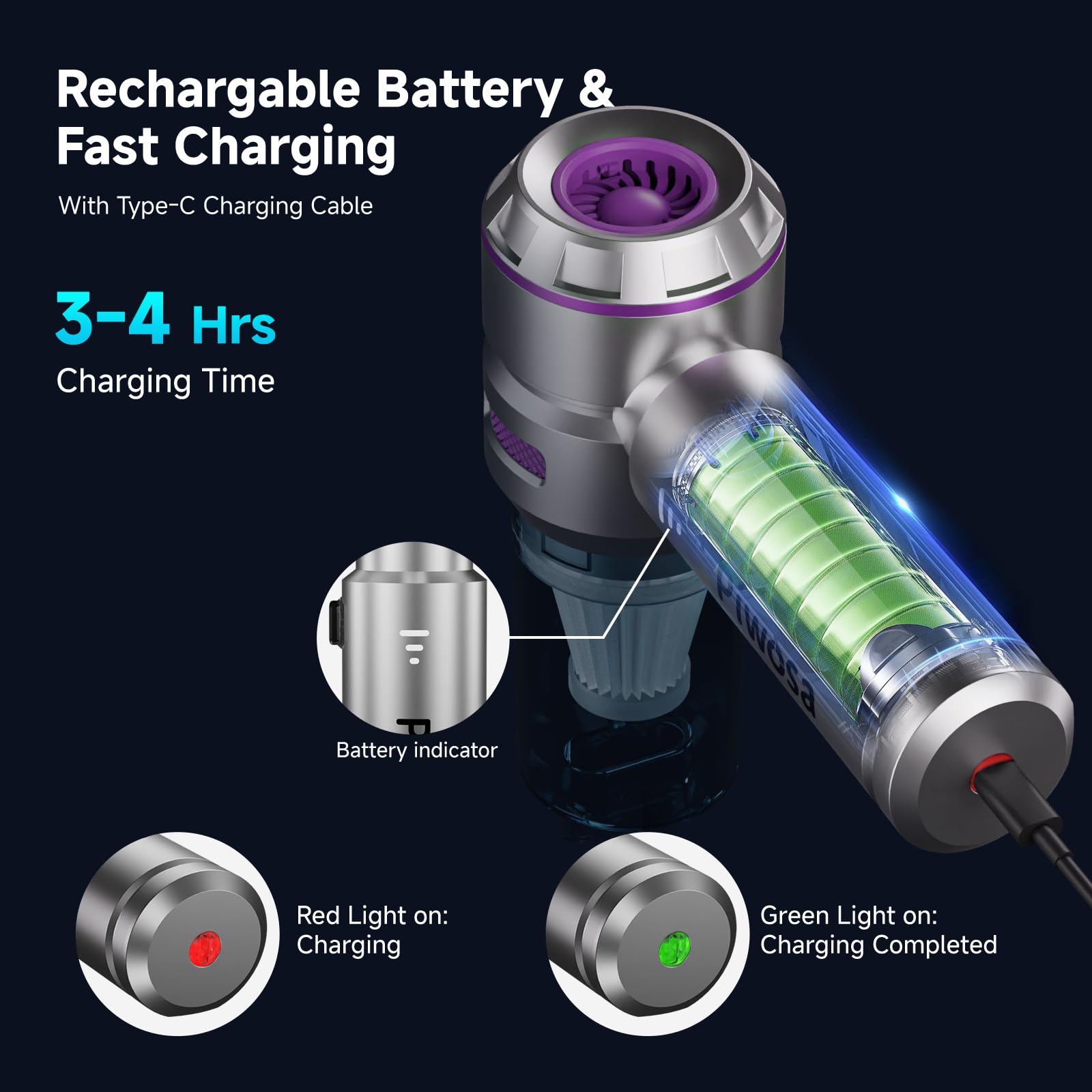 Cordless Handheld Vacuum Cleaner with Brushless Motor - Powerful Suction & Compressed Air Duster, LED Light, USB-C Charging | Portable Mini Vacuum for Car, Home, Pet Hair | Ideal for Quick Cleanups, Car Detailing & Pet Care