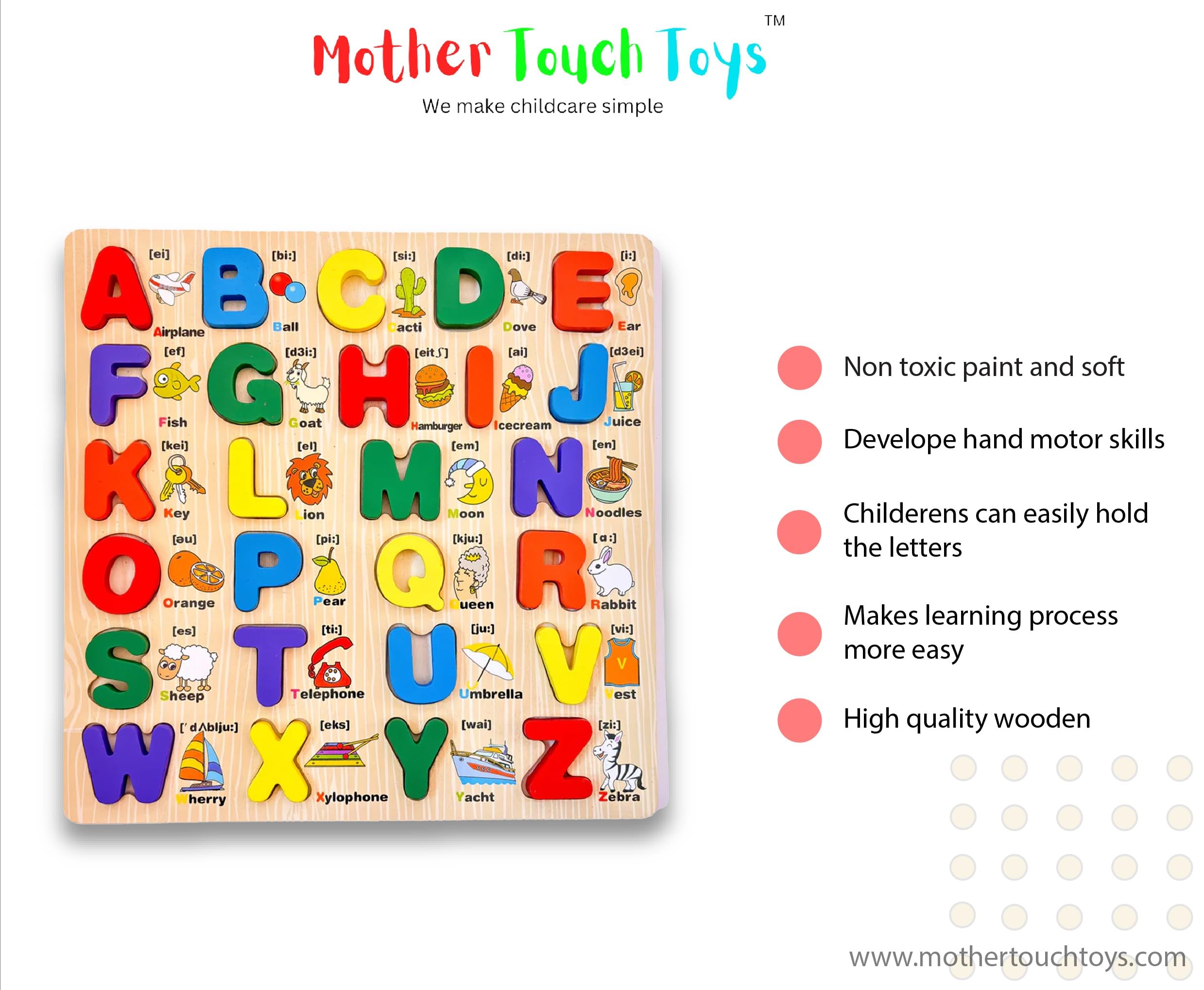 Mother Touch Toys - Wooden Alphabet Learning Board with Capital Letters | Montessori Educational Toy for Toddlers & Kids | Safe & Eco-Friendly Wooden Letters | Perfect for Preschool Learning & Homeschool Activities