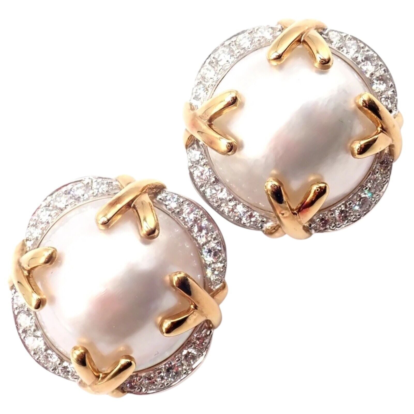 Authentic Vintage Verdura 18k Yellow Gold Mabe Pearl Diamond Large Earrings - Luxury Statement Jewelry for Weddings & Special Occasions