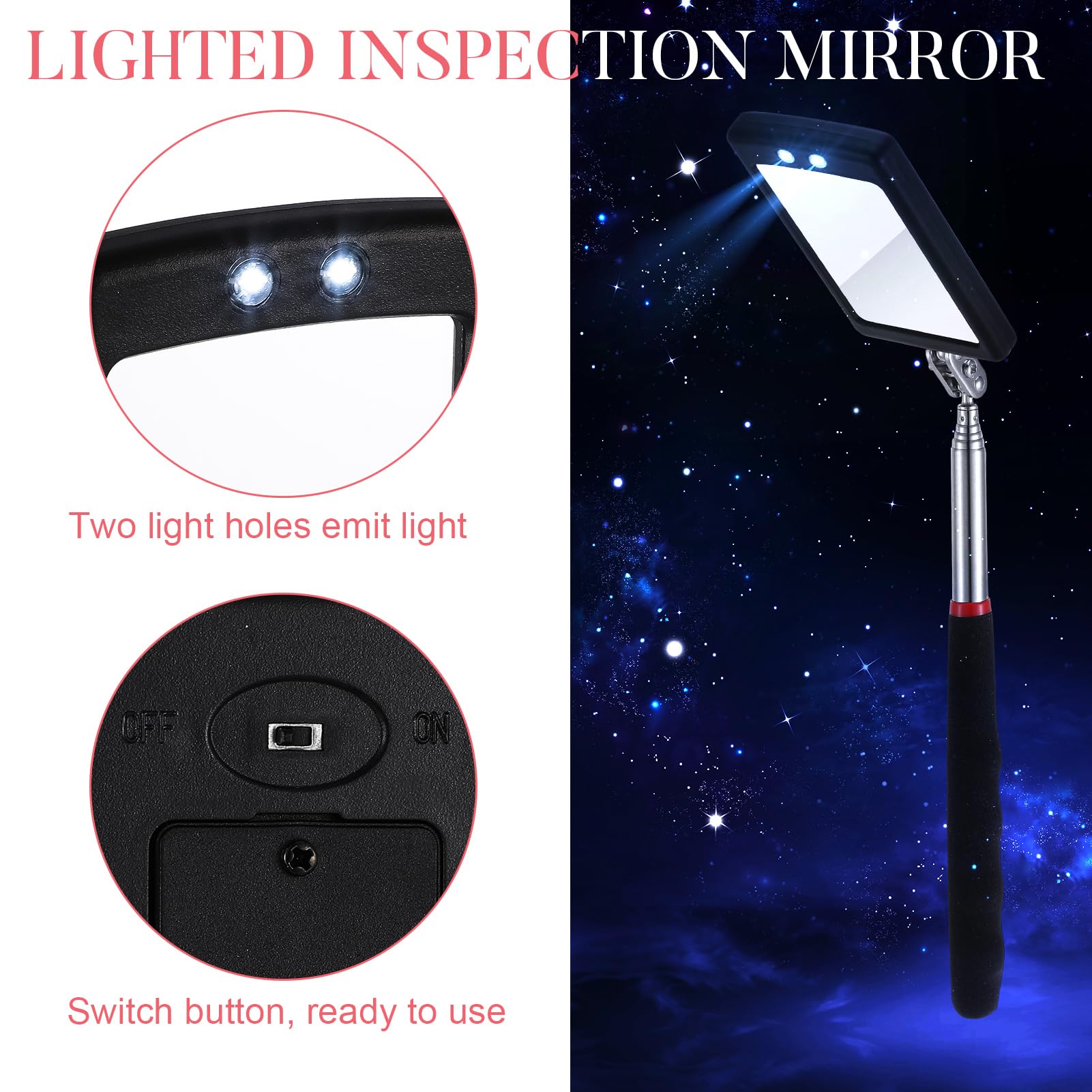 6-Piece LED Telescoping Inspection Mirror Set - Retractable Under Vehicle Detection Tool with Bright LED Light for Car Repair & Maintenance - Ideal for Mechanics, DIY Auto Enthusiasts & Home Inspections