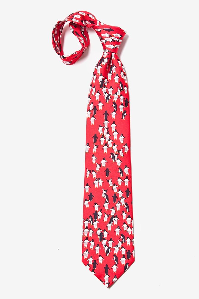 Premium Red Silk Tie with Penguin Pattern - Elegant Men's Necktie for Business, Weddings & Formal Events
