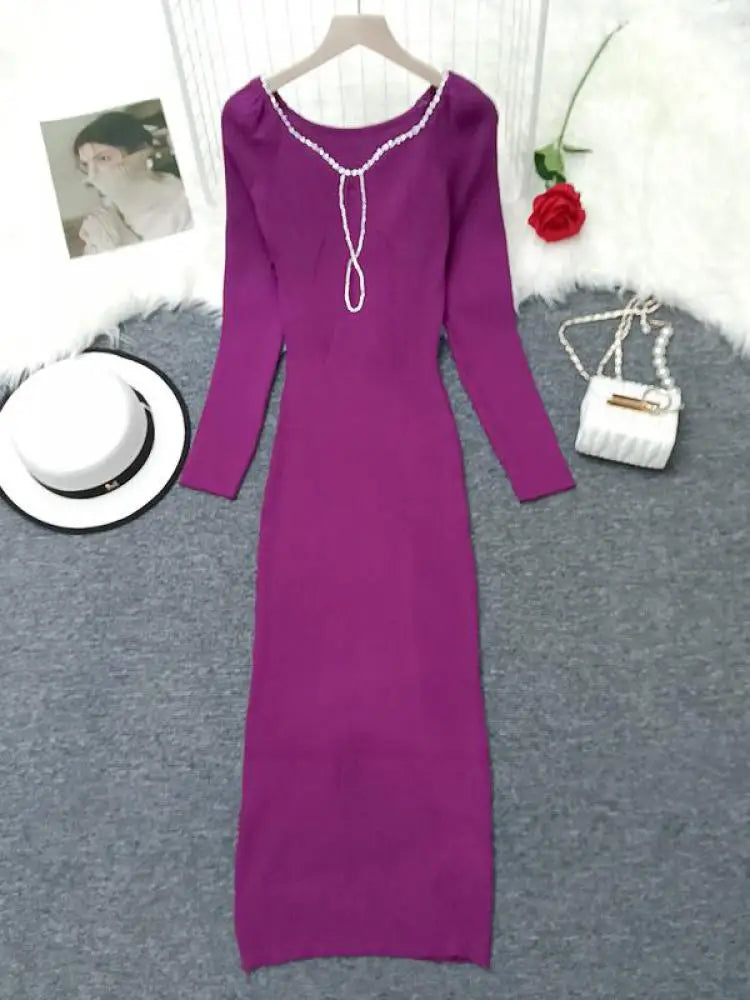 2024 French Square Neck Long Sleeve Knit Dress for Women - Elegant Solid Diamond Office Dress for Autumn Winter | Perfect for Work, Parties & Formal Occasions
