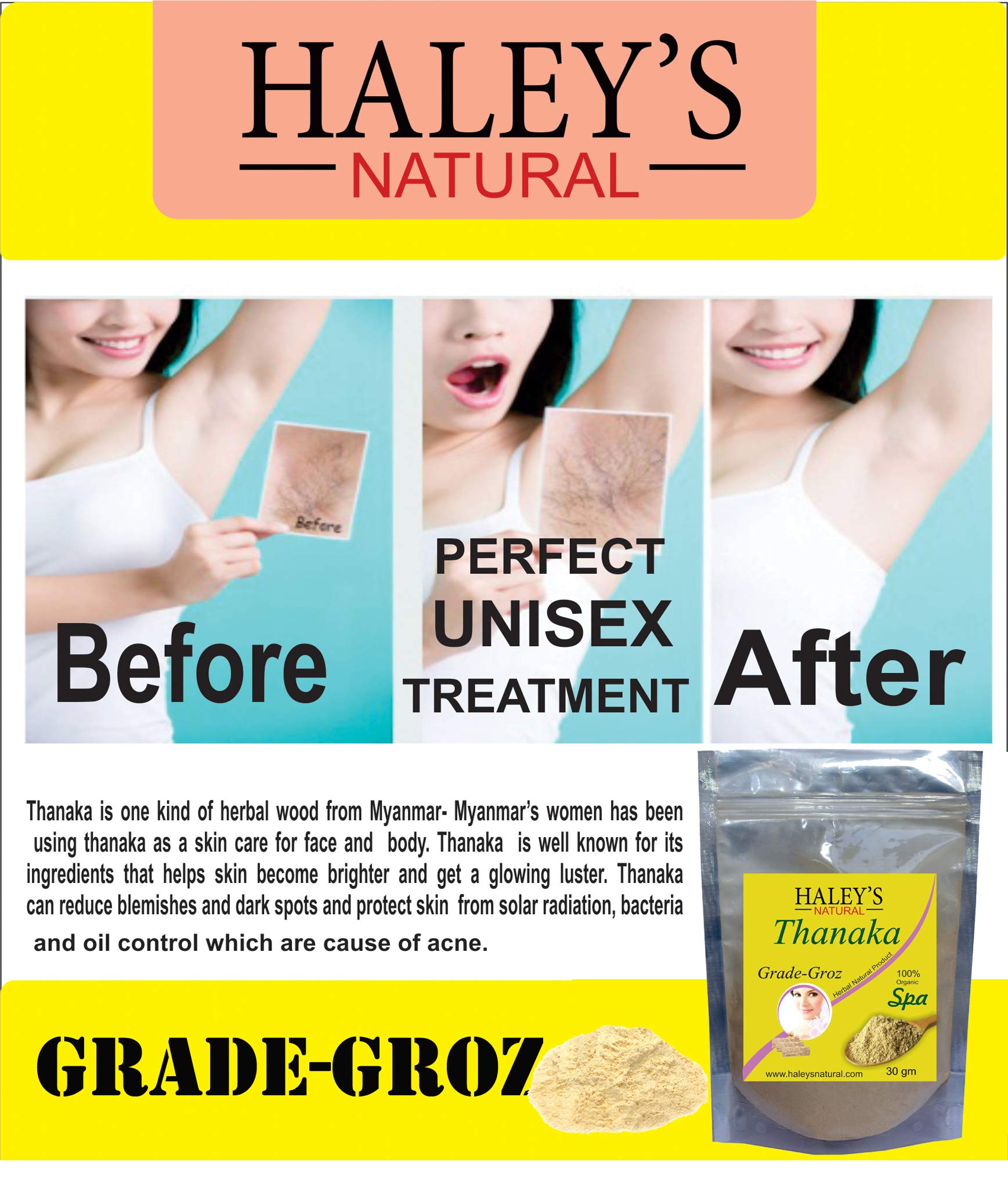 **Haley's Natural Thanaka Powder - 30g for Permanent Hair Removal, Anti-Acne, Anti-Aging & Skin Whitening | Exfoliating Scrub, Sunscreen & Face Mask | Perfect for Daily Skincare & Spa Treatments**