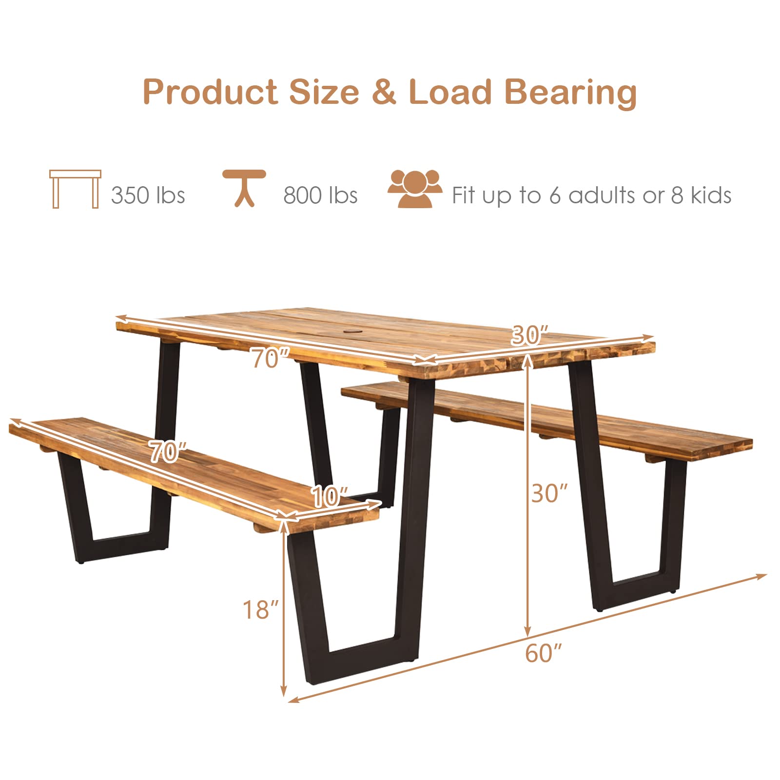 HAPPYGRILL 7-Piece Outdoor Picnic Table Set with Wooden Top & Rust-Resistant Steel Frame, Patio Dining Bench Set with Umbrella Hole for Garden Backyard BBQ Party, Camping and Outdoor Entertaining