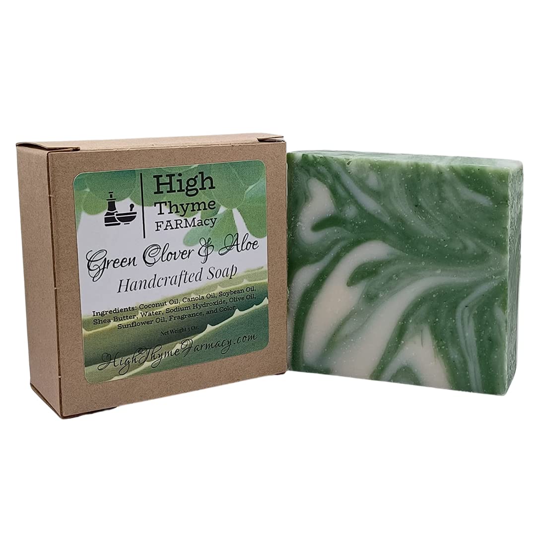 Green Clover & Aloe Handmade Soap - 5oz Natural Moisturizing Bar with Fresh Aloe Scent - Vegan Lye Soap for Dry Skin - Refreshing Body Wash for Spa, Shower & Gift Giving