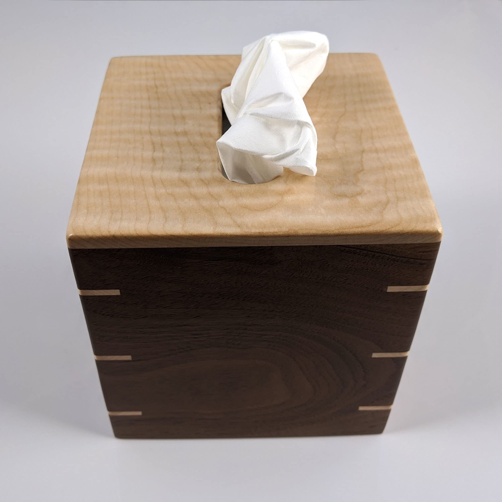 Handmade Custom Tissue Box Cover - Solid Tiger Maple Top & Texas Black Walnut Sides with Maple Splines - Boutique Square Cube Style - Perfect for Home Decor, Living Room, Bedroom & Bathroom Organization