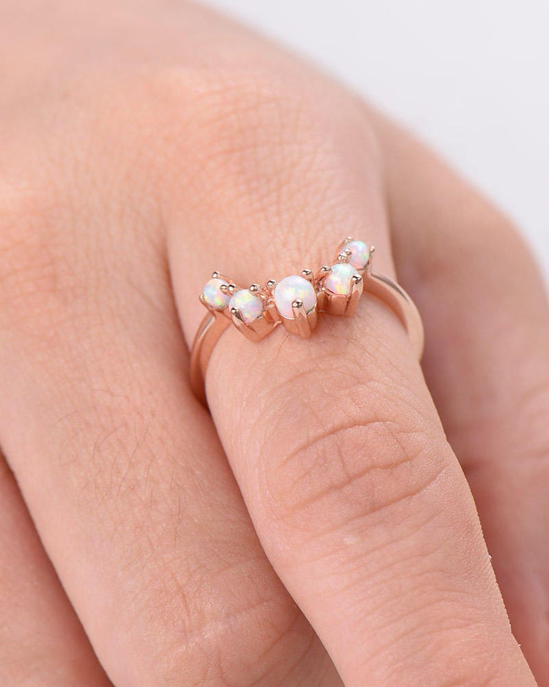 Art Deco 14K Rose Gold Opal Wedding Band - Stackable Curved Bridal Ring Set, Promise Ring for Women, Anniversary Gift for Her - Perfect for Engagement, Wedding, Stacking & Special Occasions