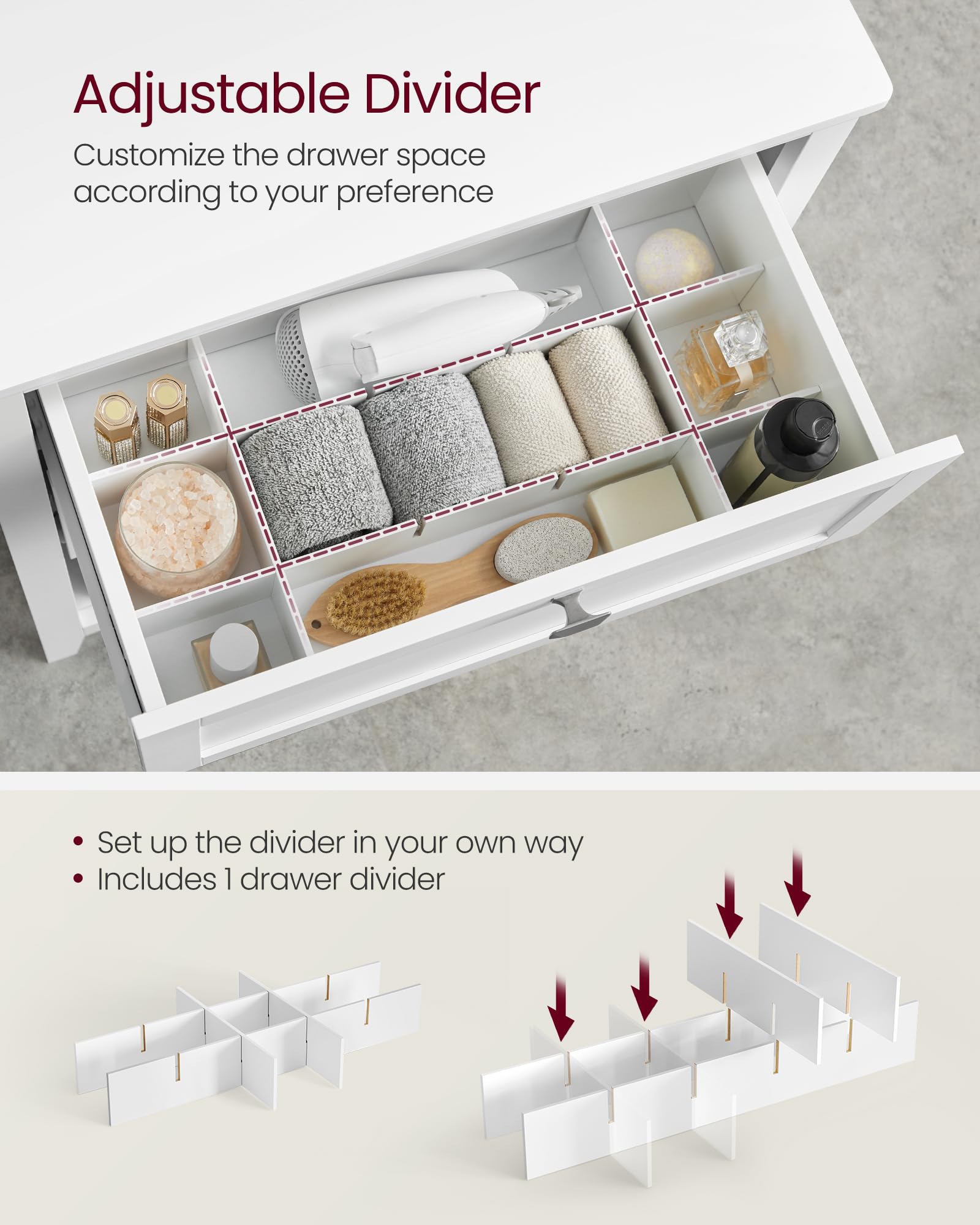 VASAGLE White Bathroom Storage Cabinet with 2 Drawers & Adjustable Dividers - 11.8