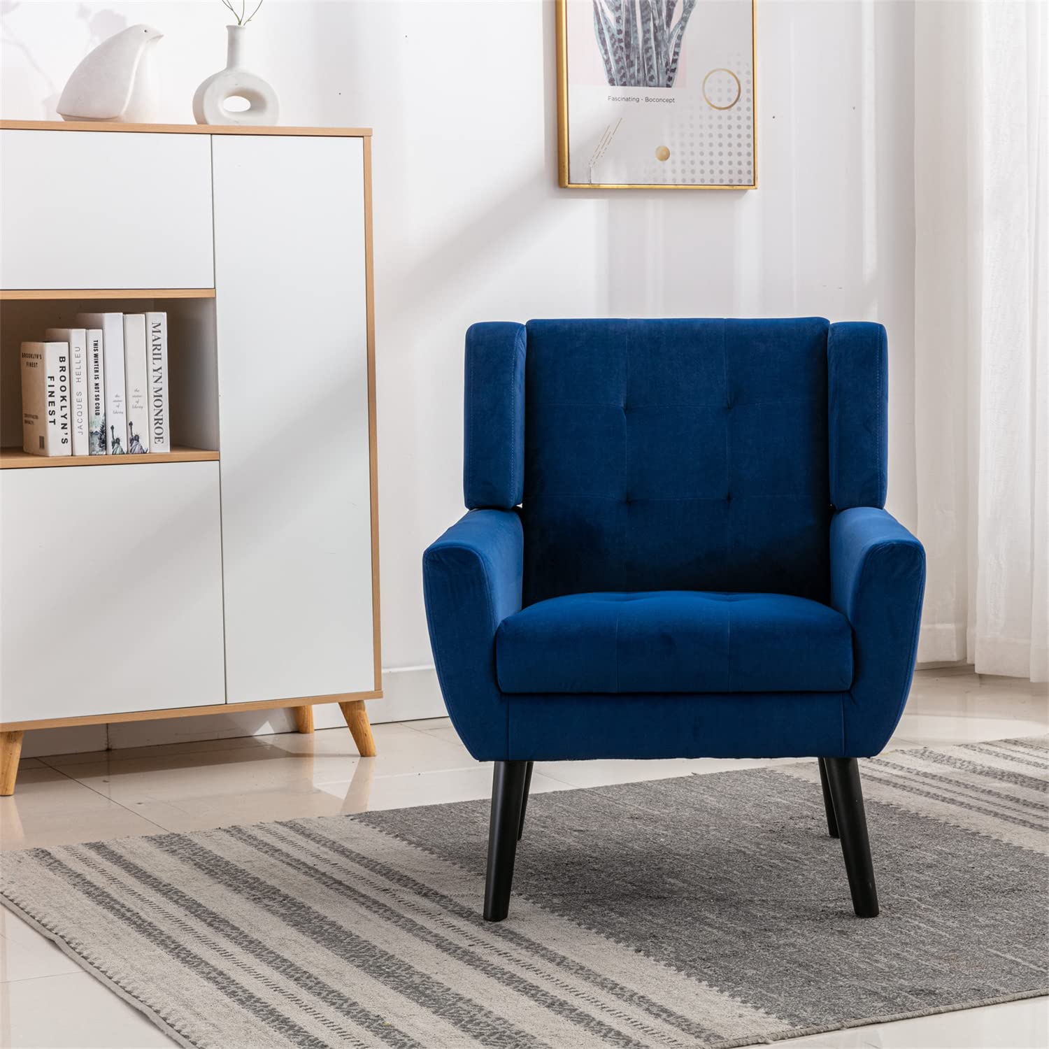 Luxury Velvet Accent Chair - Ergonomic Tufted Upholstered Armchair with Padded Cushions & Solid Wood Legs - Comfortable Single Sofa for Living Room, Bedroom or Office - Perfect Blue Reading Chair for Relaxation & Home Decor