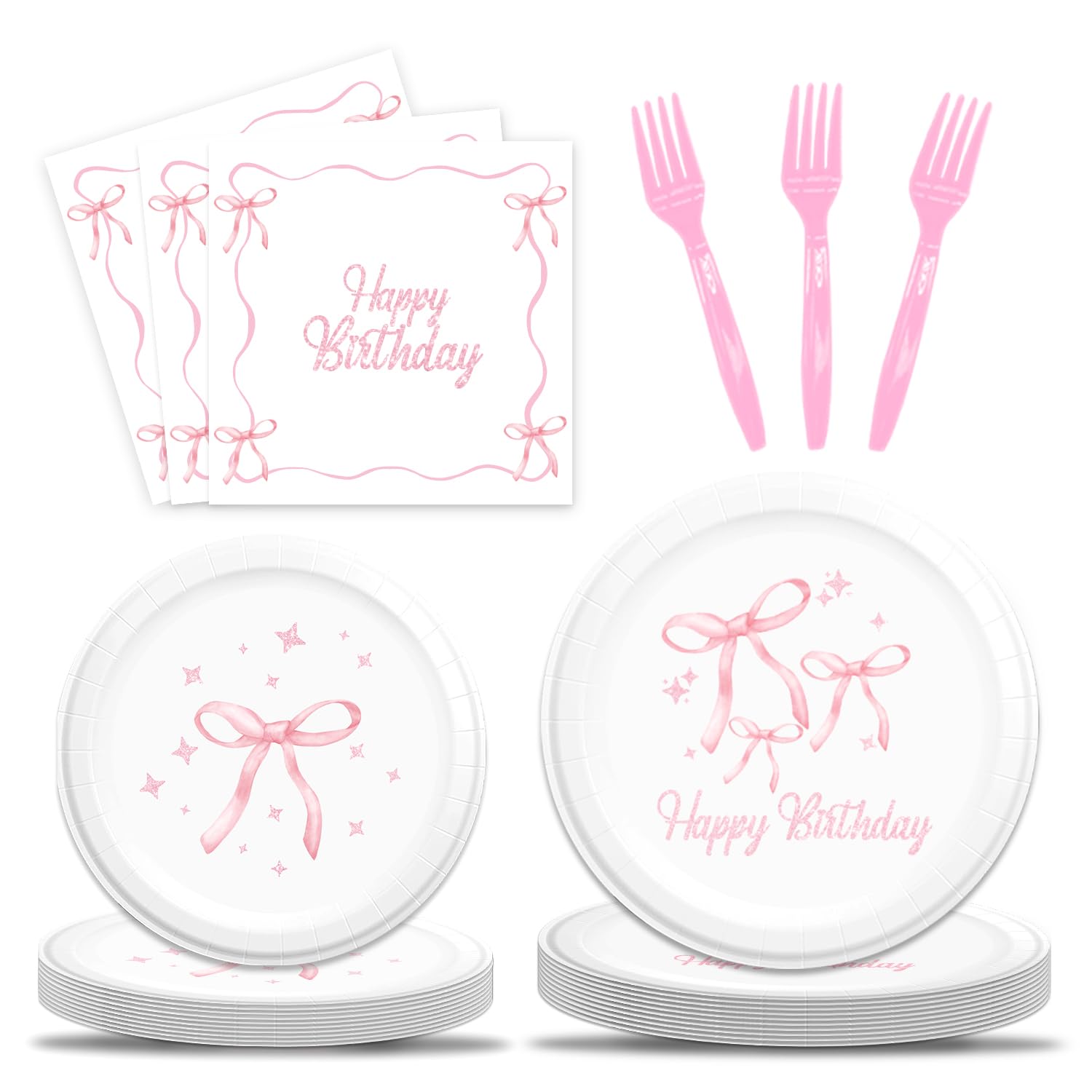 96Pcs Pink Bow Birthday Party Decorations Set - Coquette Theme Tableware Includes Napkins, Plates & Forks - Perfect for Girls Birthday Party, Baby Shower, Bridal Shower & Themed Events