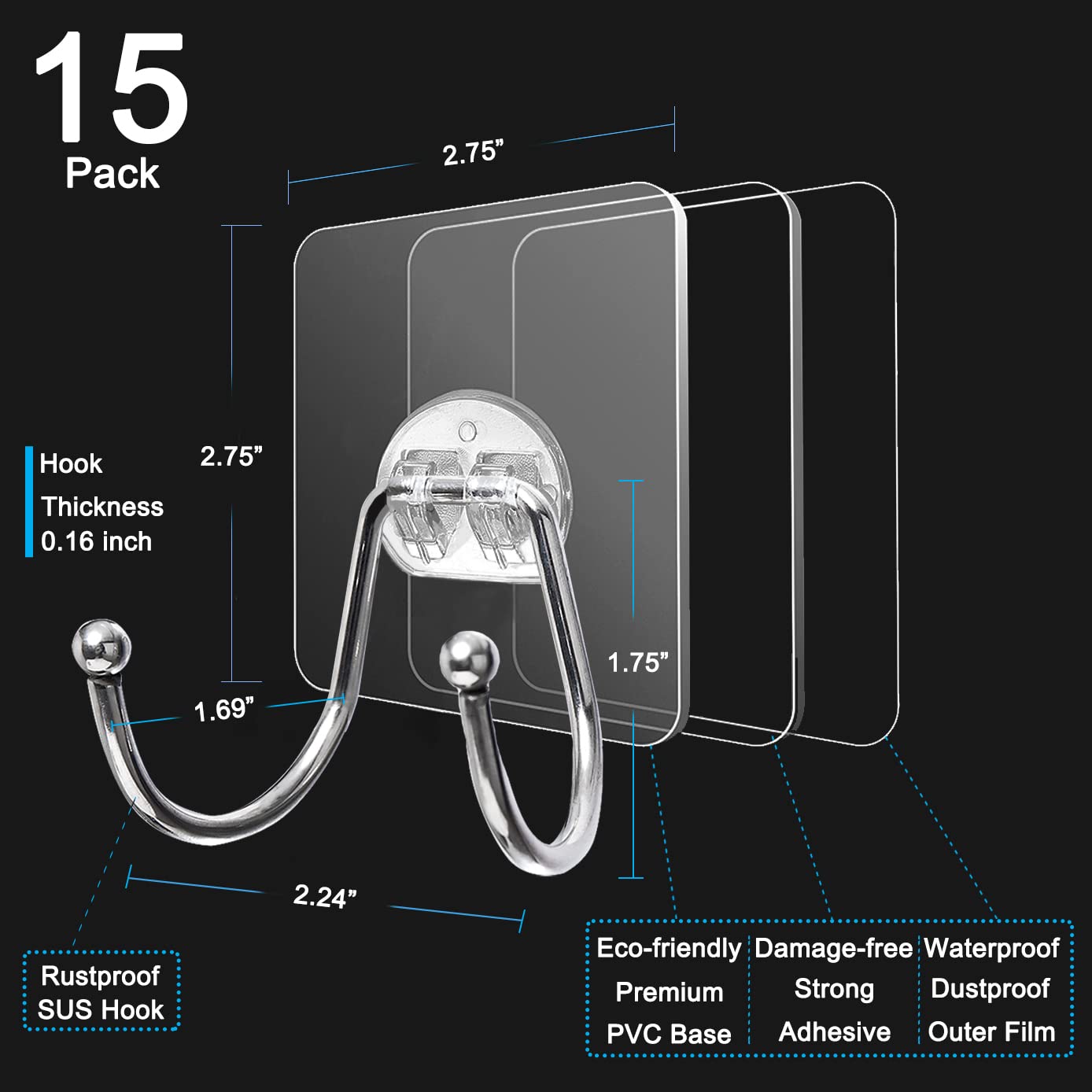 15 Pack Heavy Duty Clear Double Adhesive Wall Hooks - 33lb Max Weight, Waterproof & Damage-Free Hanging Solution for Towels, Coats, Hats & Clothes - Perfect for Bathroom, Kitchen, Bedroom & Office Organization (Twin Round Head)