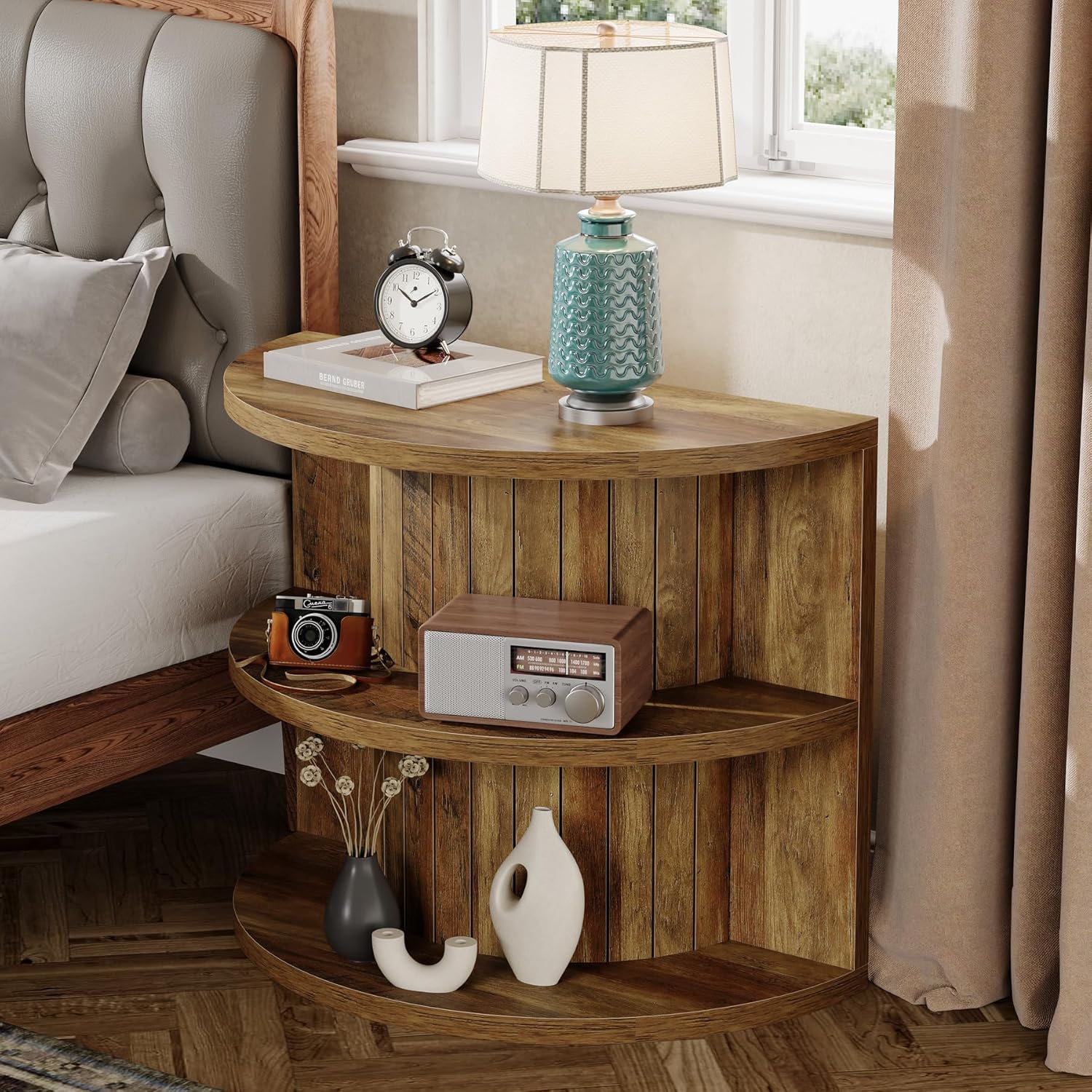 3 Tier End Table with Storage Shelves - Half Round Wooden Side Table for Living Room, Bedroom & Office - Compact Space-Saving Furniture for Small Apartments