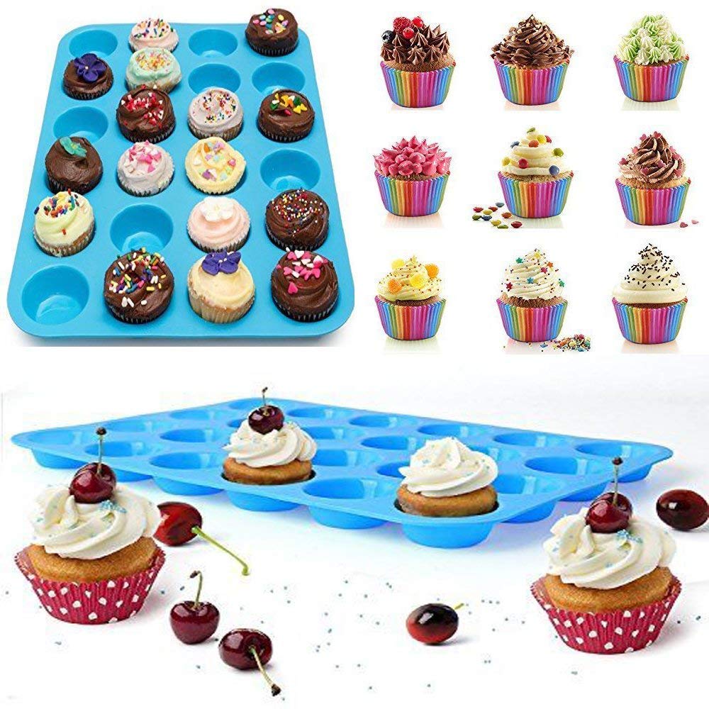 Qtopun 4-Pack Silicone Mini Muffin Pan - 24 Cups Non-Stick Baking Mold for Cupcakes, Muffins & Desserts - Perfect for Home Baking, Party Treats & Holiday Cooking (Blue)