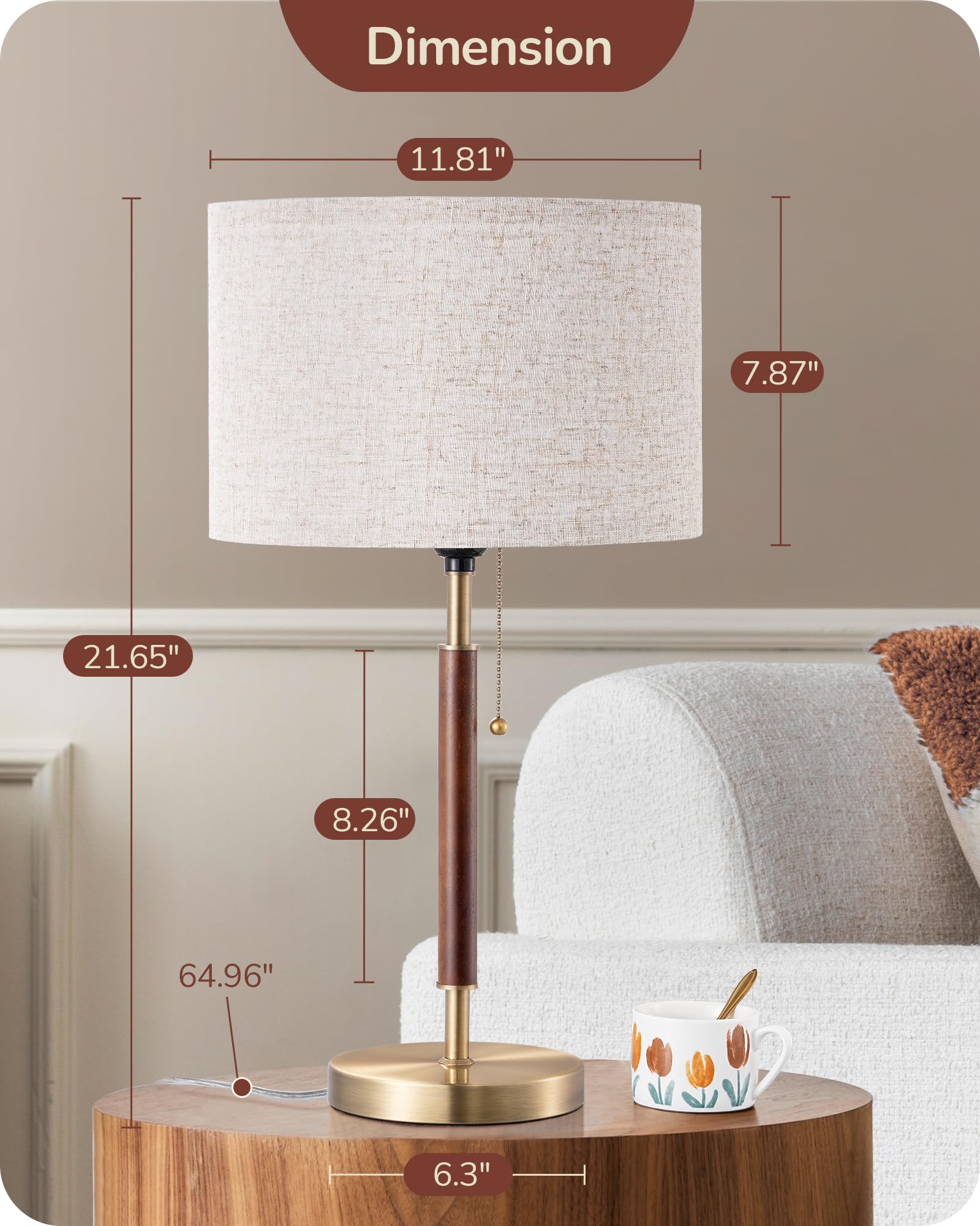 EDISHINE Mid Century Modern Table Lamp - Solid Wood & Metal Pole Bedside Lamp with Pull Chain Switch - Frosted Bronze & Wood Finish - Perfect for Living Room, Bedroom, Office Nightstand Lighting