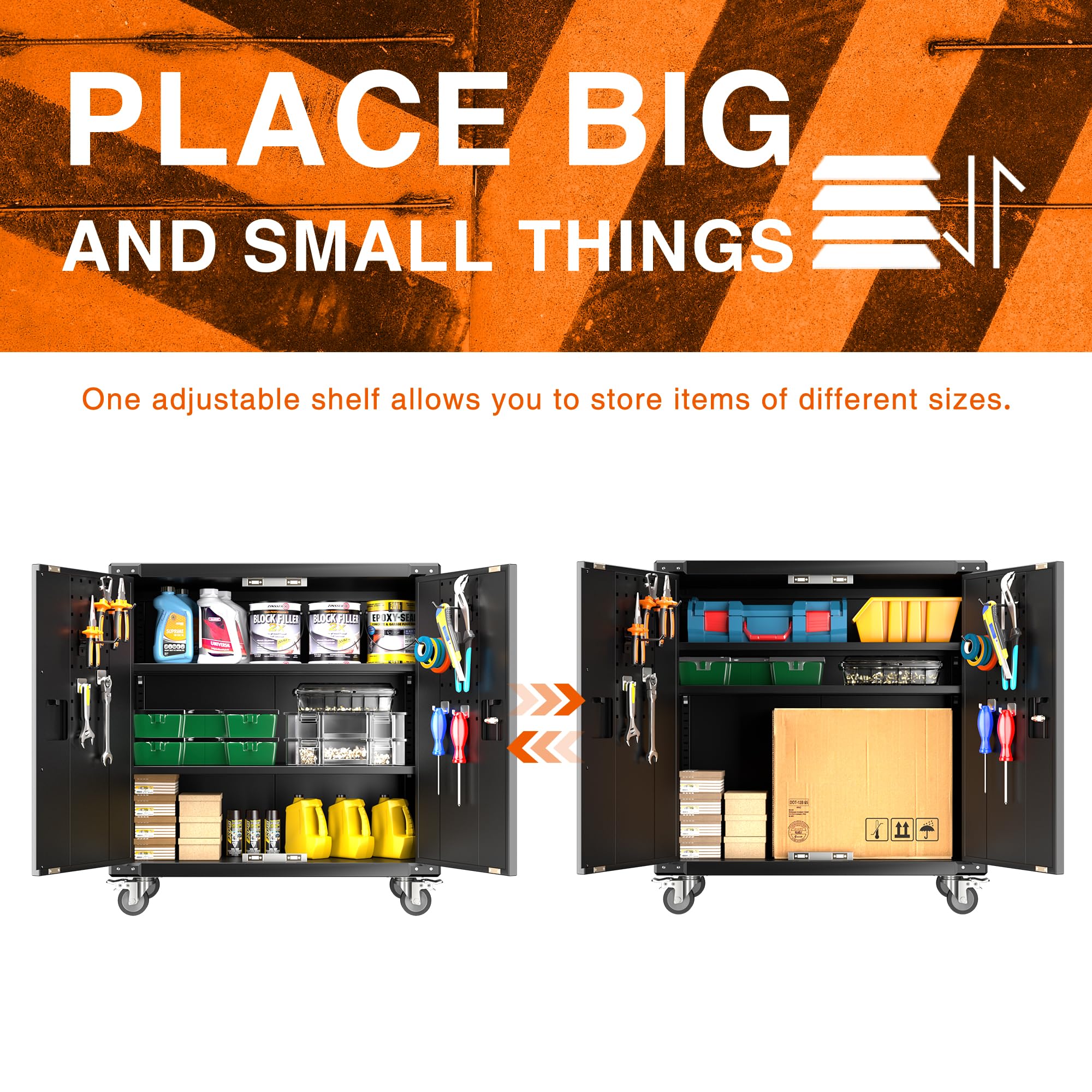 Garage Storage Cabinet - Heavy Duty 2-Door Locking Steel Tool Cabinet on Wheels with 2 Adjustable Shelves for Garage, Workshop, School & Warehouse Organization (Black) - Perfect for Storing Tools, Equipment & Supplies with Easy Mobility
