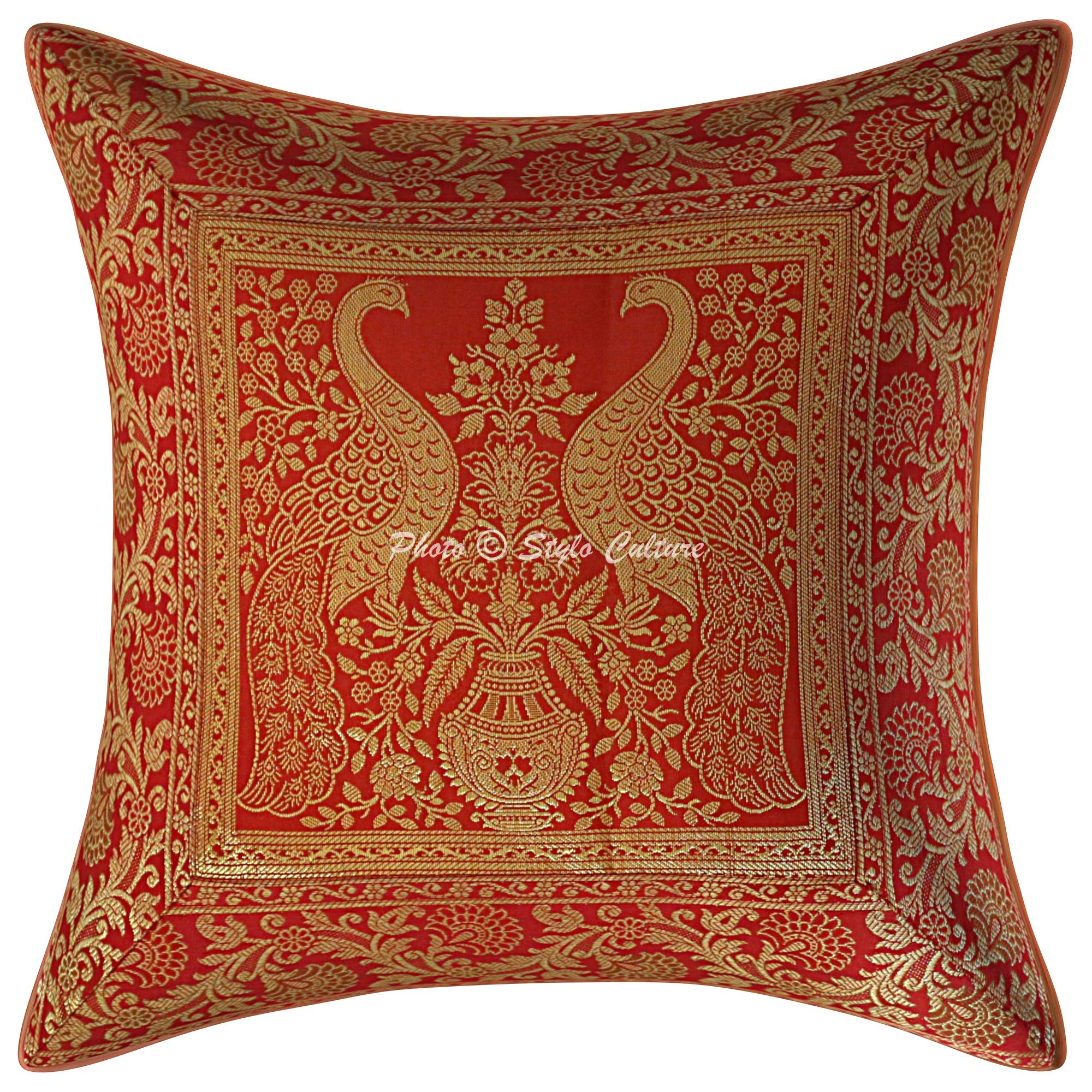 Indian Decorative Sofa Brocade Red and Gold Throw Pillow Covers 16x16 Inch | Jacquard Weave Banarasi Couch Pillow Cases | Peacock Floral Design | 40x40 cm Cushion Covers (1 Piece) | Perfect for Living Room, Bedroom & Home Decor