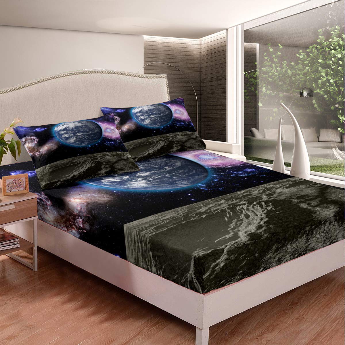 3D Galaxy Printed Twin Bed Sheet Set - Blue Earth & Milky Way Design, Bumpy Lunar Surface, Glow in The Dark for Kids (1 Fitted Sheet + 1 Pillowcase) | Space Themed Bedding for Boys & Girls | Perfect for Astronomy Lovers' Bedrooms & Themed Sleepovers