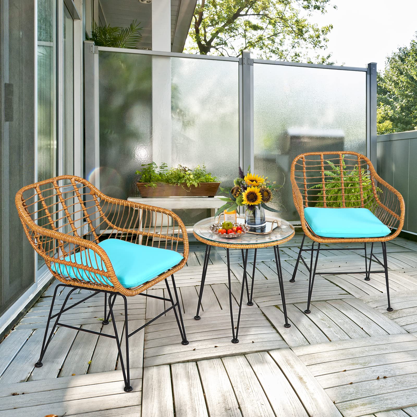 **Tangkula 3-Piece Patio Bistro Set - Rattan Wicker Conversation Set with 2 Cushioned Armchairs & Round Glass Coffee Table - Indoor/Outdoor Furniture for Balcony, Backyard, Garden, Poolside - Perfect for Relaxing, Entertaining & Outdoor Dining**