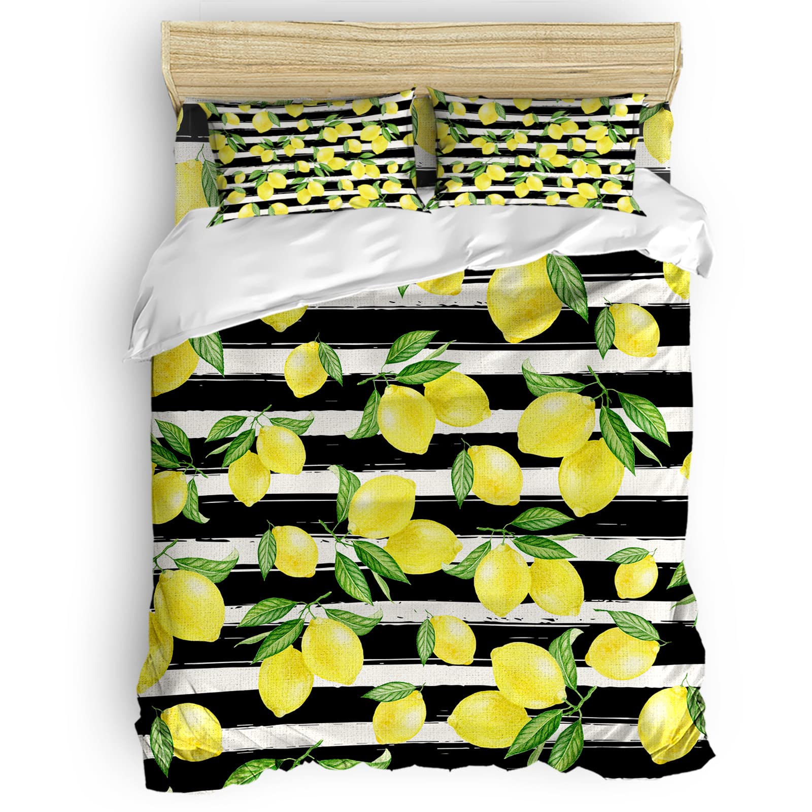 CHARMHOME 4-Piece Duvet Cover Set Twin Size - Lemon Fruit Green Leaves Tropical Floral Black & White Striped Soft Bedding with Sheet Set & 2 Decorative Pillow Shams (No Comforter) | Perfect for Tropical-Themed Bedrooms, Guest Rooms & Summer Decor