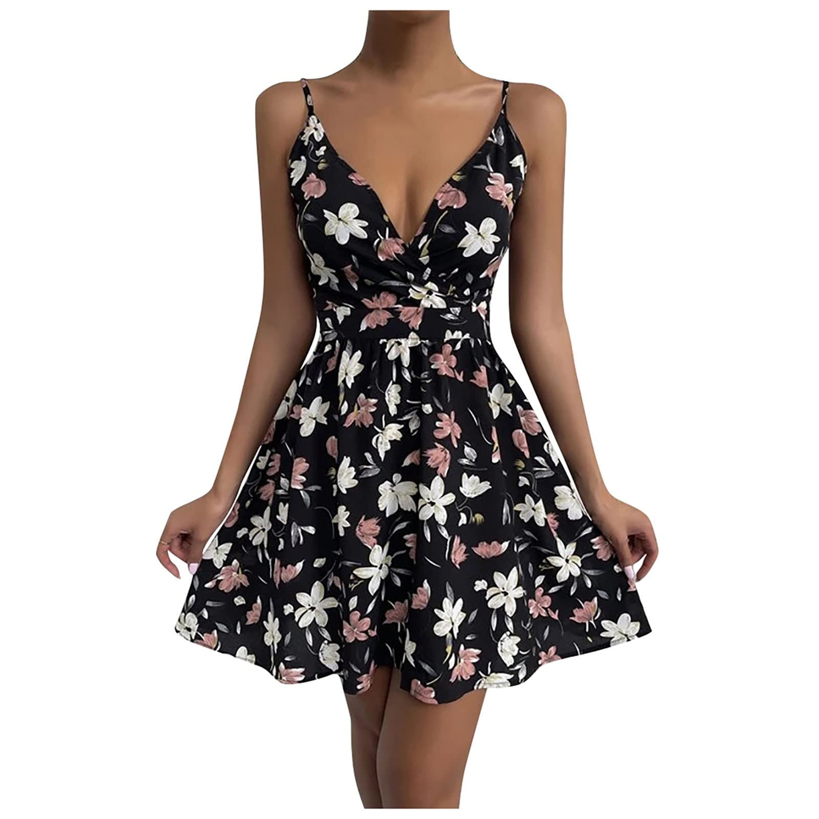 KHHK Women's Floral Print Sleeveless Short Dress - V-Neck Zipper Adjustable Camisole Summer Dress for Beach, Party & Casual Wear