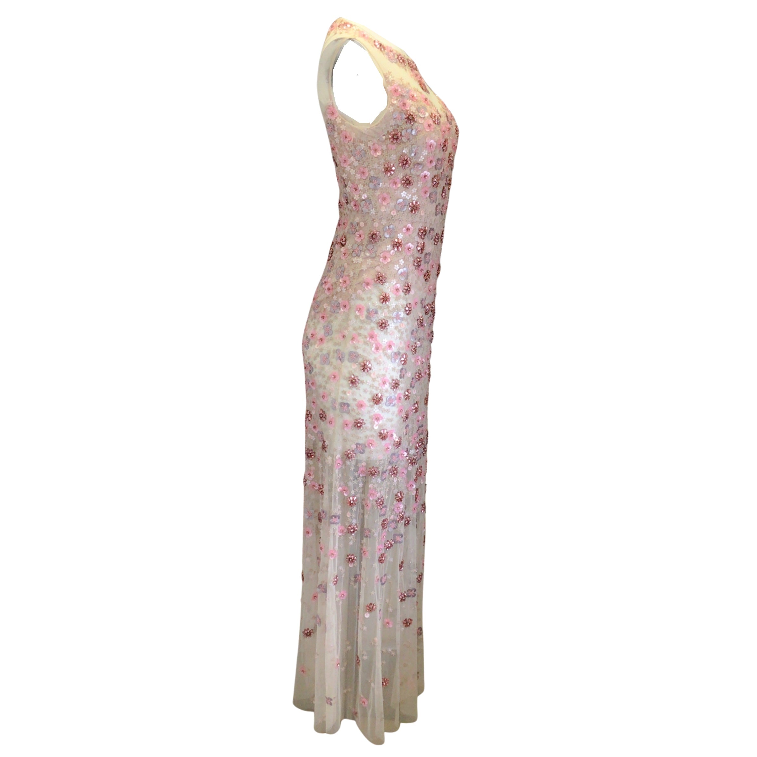Elie Tahari Pink Augenie Beaded Floral Sequined Embellished Sleeveless Formal Gown Dress for Evening Parties, Prom, Weddings & Special Occasions