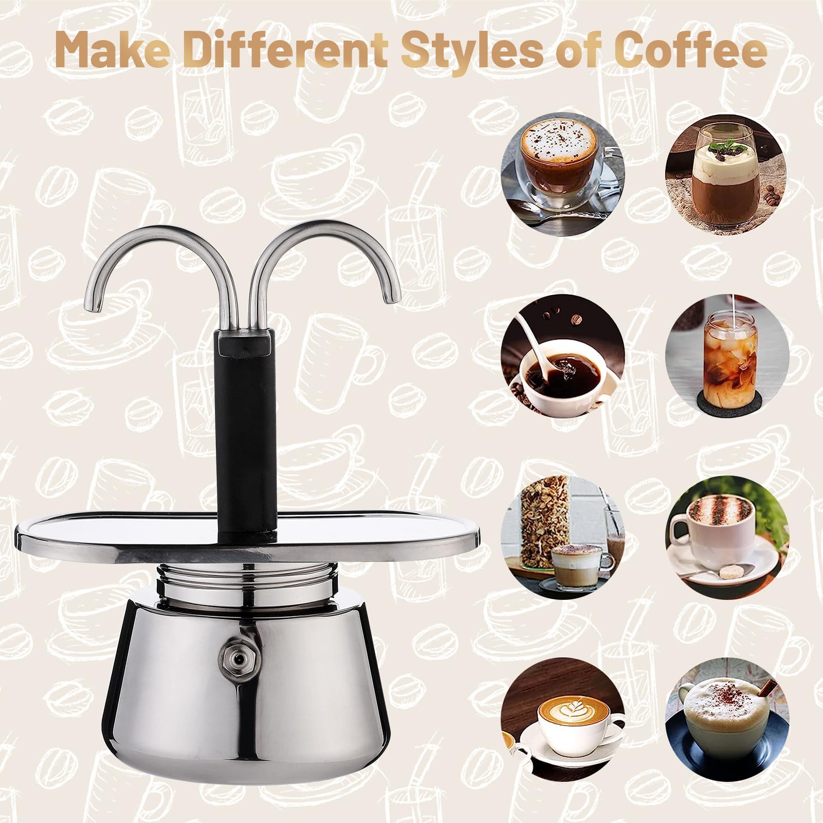 Pilipane Stainless Steel Moka Pot - 2 Cup Stovetop Espresso Maker (100ML) with Double Spout for Perfect Espresso, Cappuccino & Latte - Ideal for Home, Office & Camping Coffee Brewing