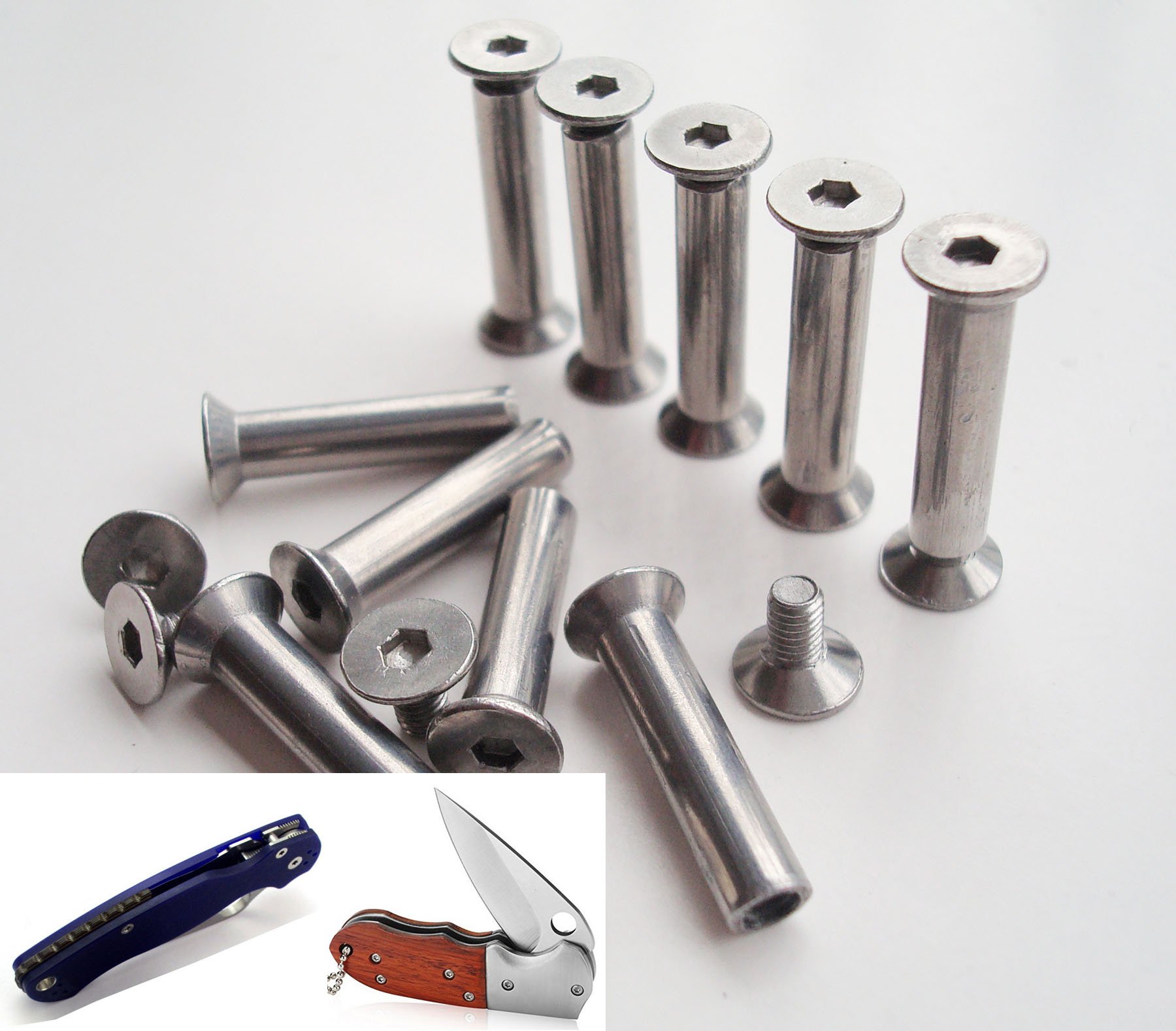 10 Sets DIY Knife Handle Fasteners - Flat Head Hex Screws for Tactical Survival & EDC Knives | Stainless Steel Shaft Screws for Knife Repair & Custom Builds | Outdoor, Camping & DIY Projects
