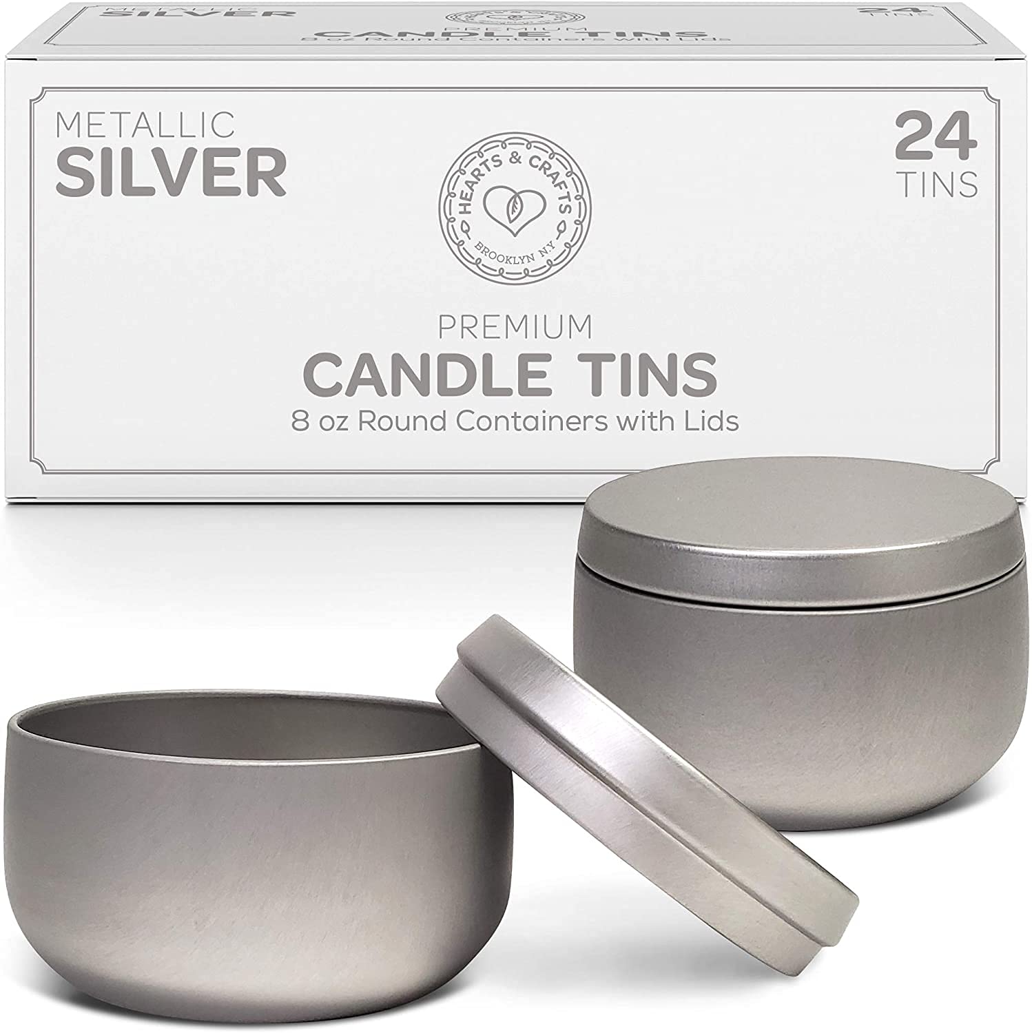 Hearts & Crafts 8 oz Silver Empty Metal Candle Tins with Lids - Set of 24 Round Containers for DIY Candle Making, Storage & Crafting - Durable Reusable Metal Tins for Home Decor, Wedding Favors & Gift Packaging