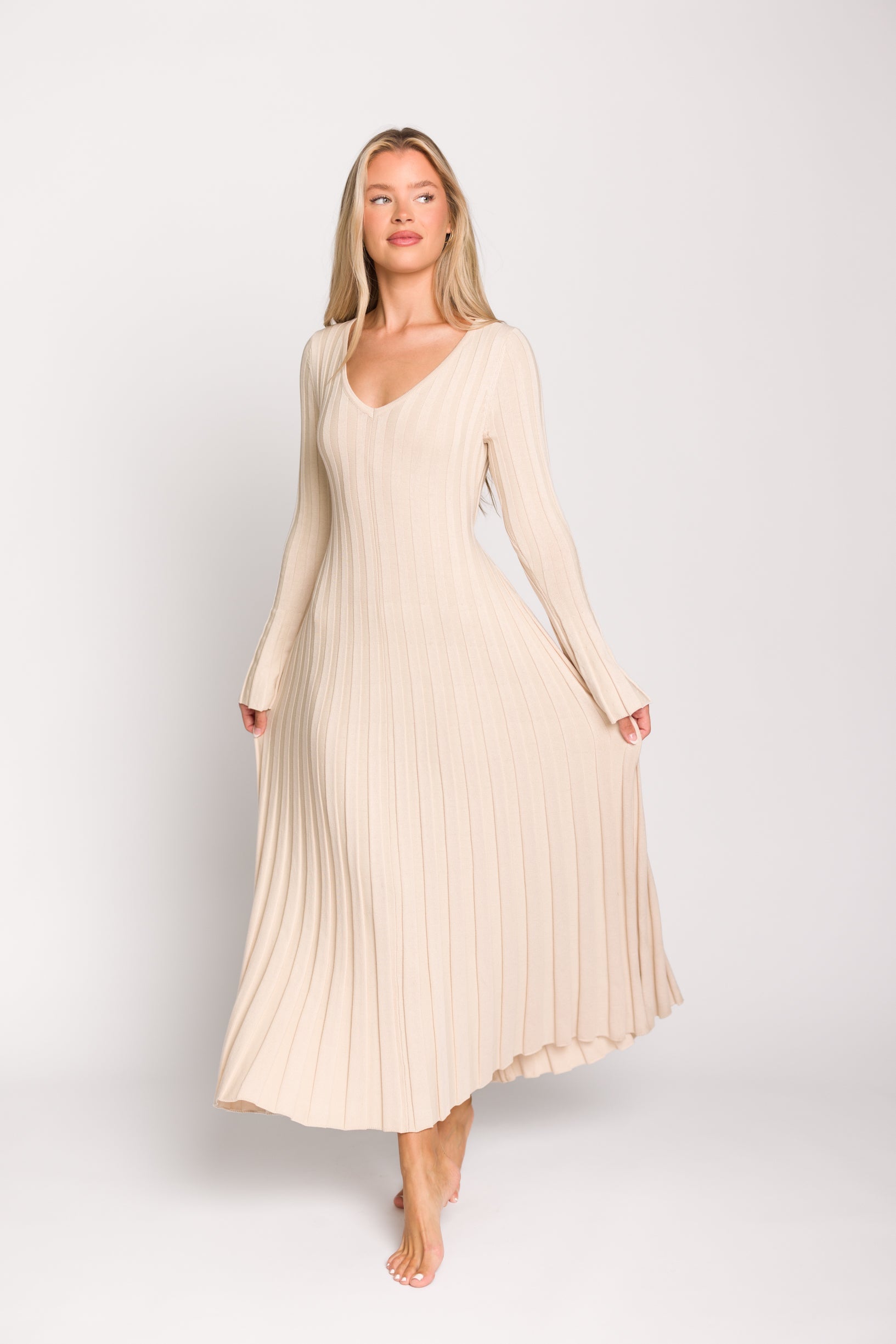 Hadley Long Sleeve V Neck Knit Maxi Dress in Cream Taupe - Elegant Women's Casual Maxi Dress for Fall & Winter, Perfect for Office, Date Night and Holiday Parties