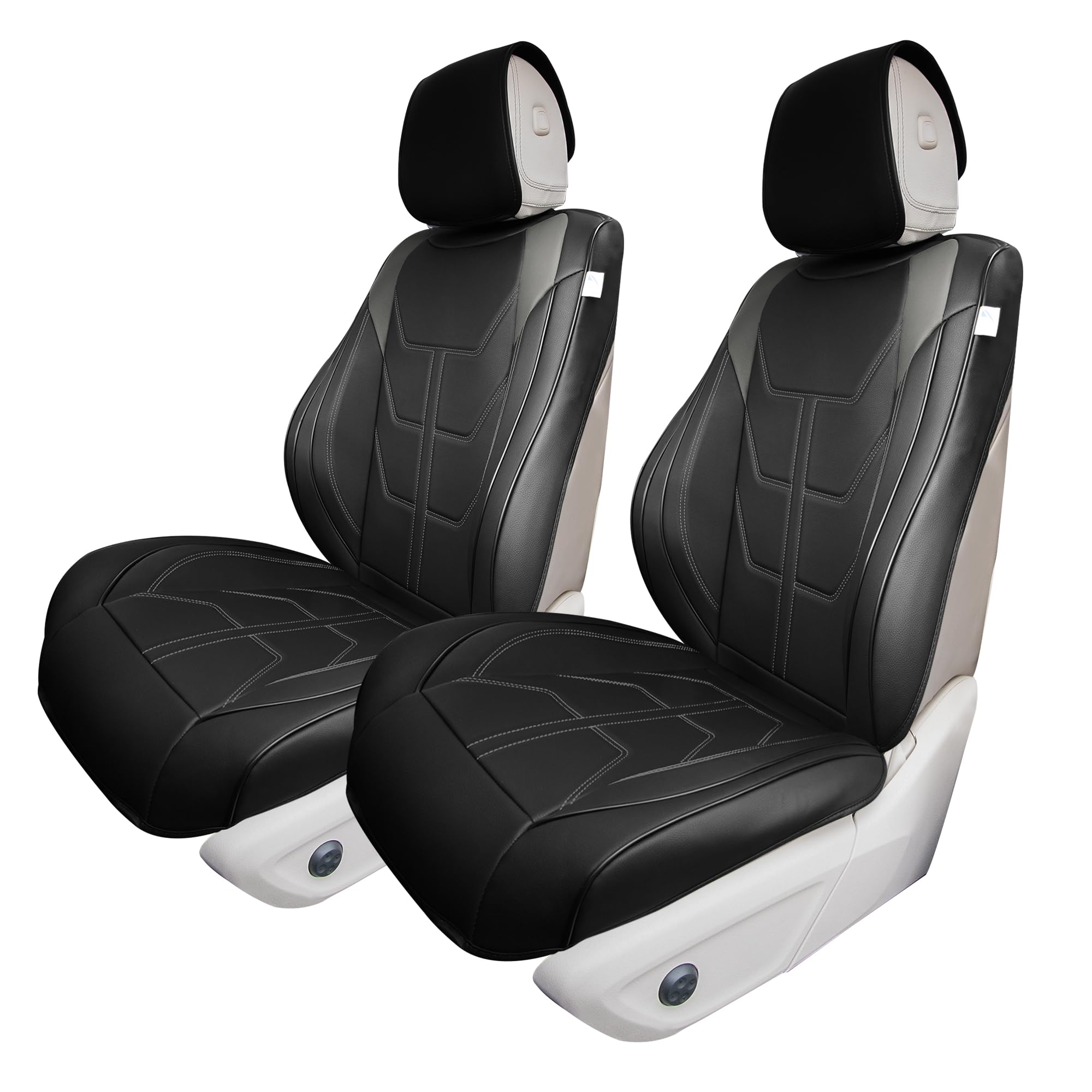 TLH Bionic70 Deluxe Faux Leather Gray Car Seat Covers with Contrast Stitching - 2 Pack Universal Fit Waterproof Seat Protectors for Cars, Trucks & SUVs | Front Set Car Seat Cushions for Comfort & Style | Perfect for Daily Commute, Road Trips & Vehicle Protection